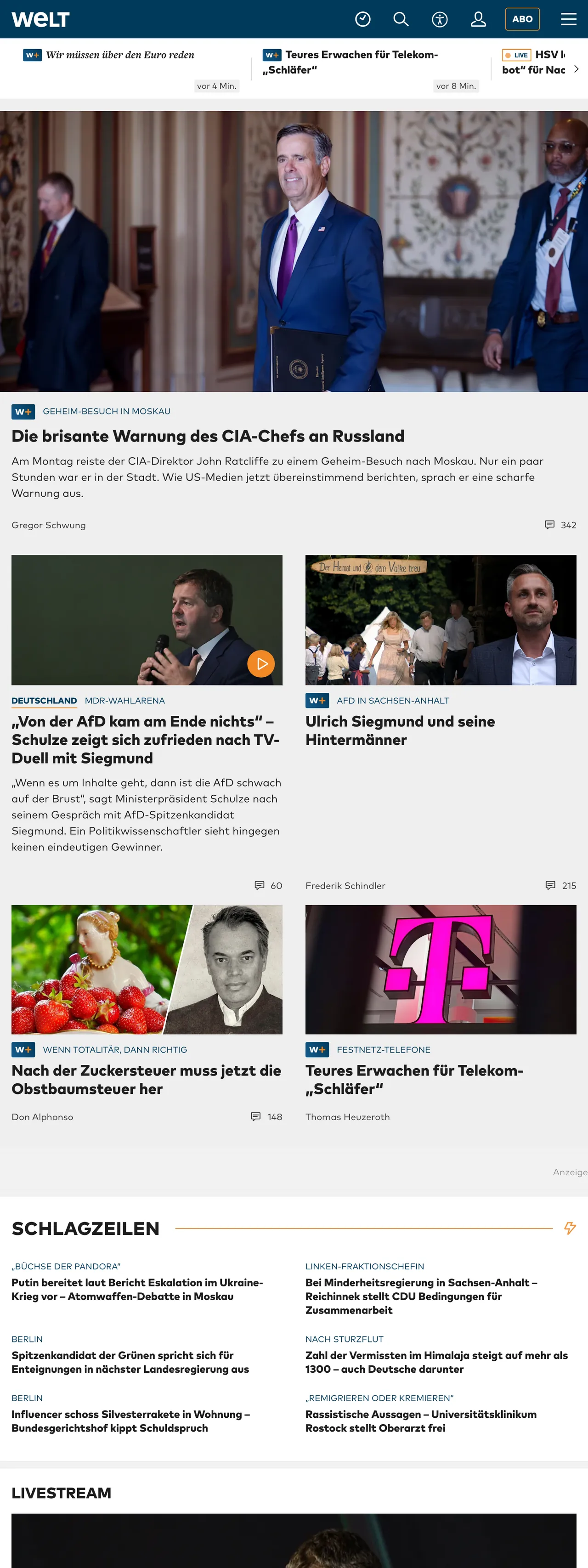 Screenshot of the WELT front page