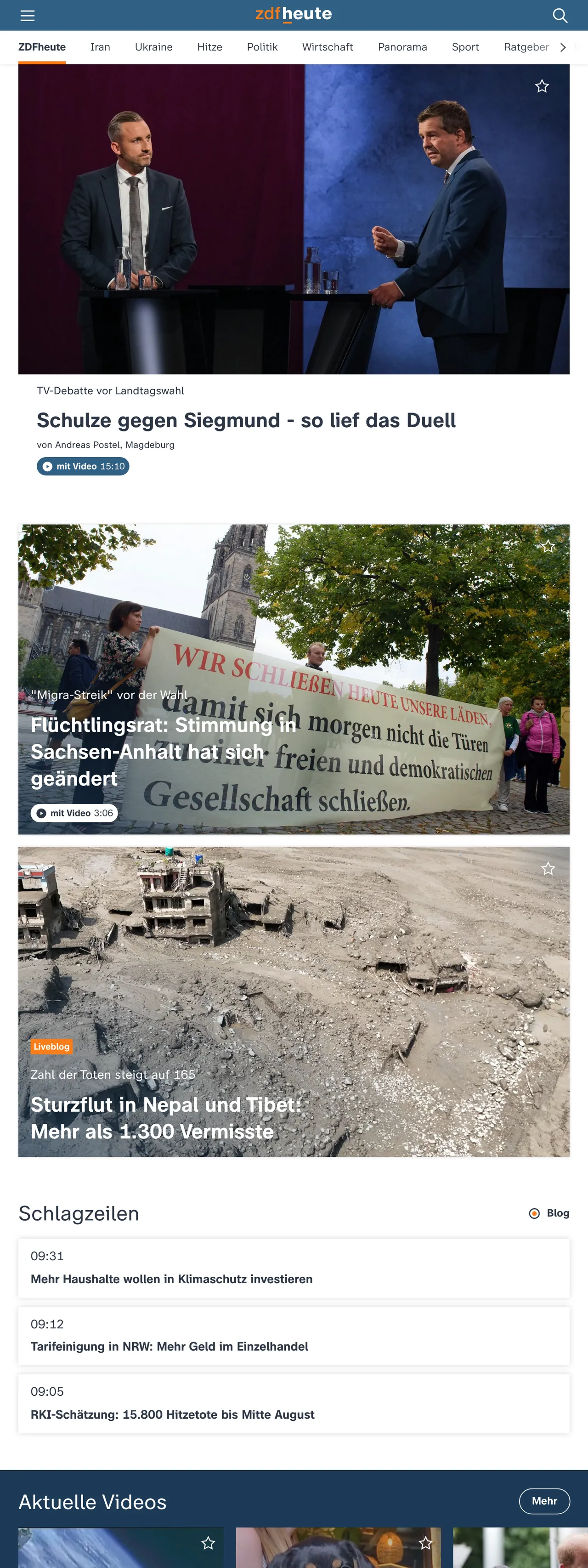 Screenshot of the ZDFheute front page