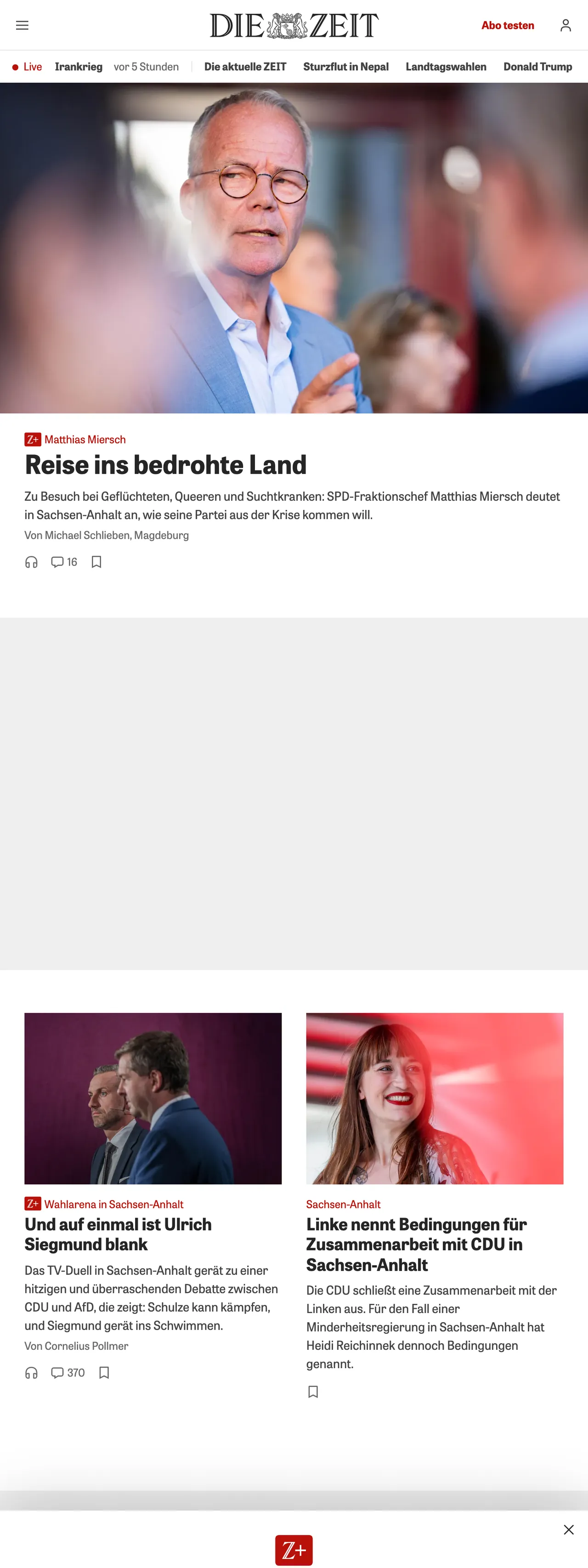 Screenshot of the ZEIT ONLINE front page