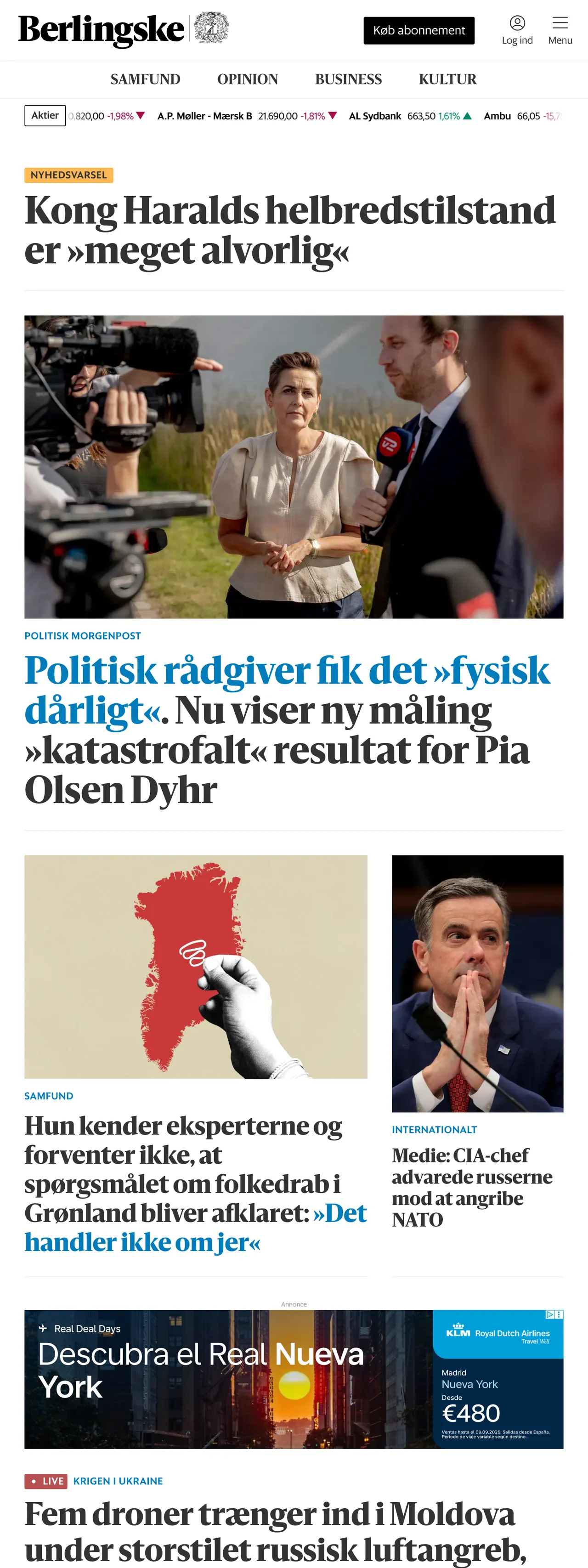 Screenshot of the Berlingske front page