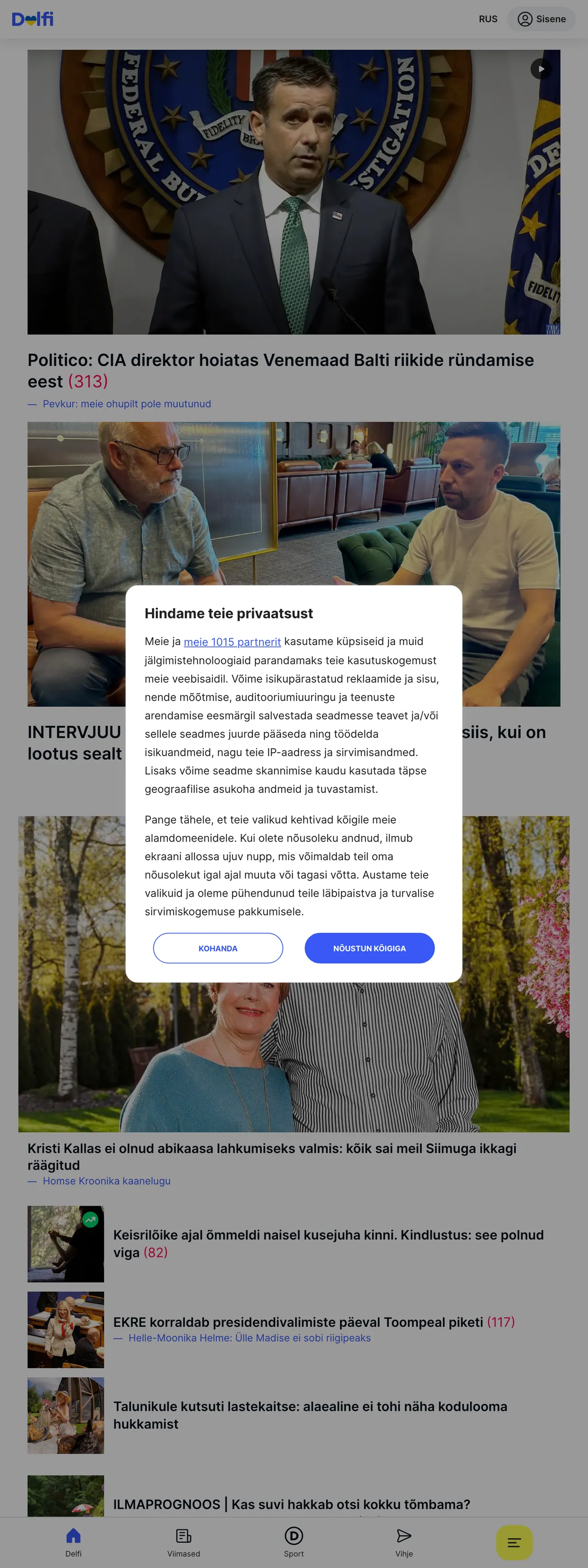 Screenshot of the Delfi front page