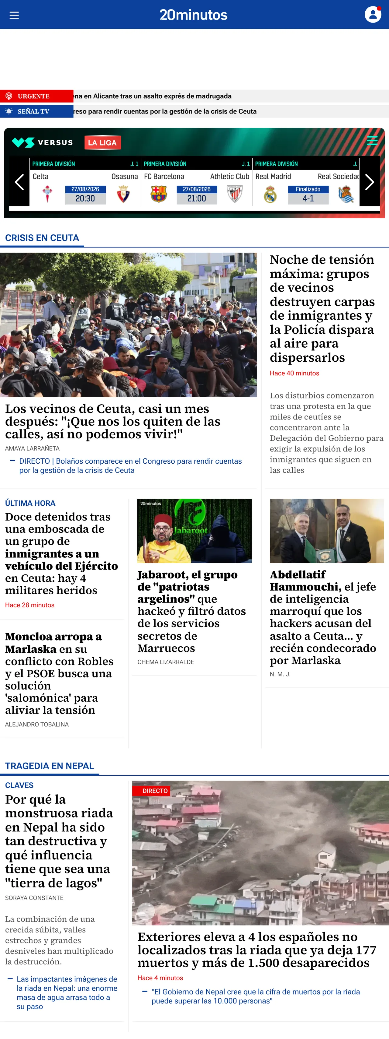Screenshot of the 20minutos front page