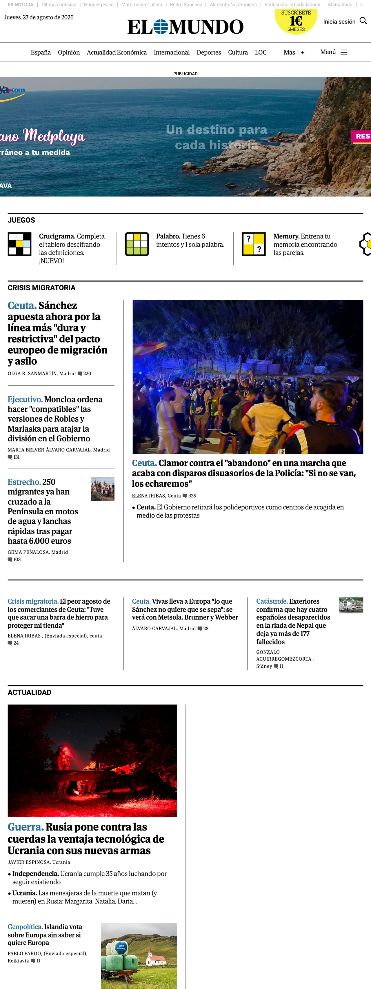 Screenshot of the El Mundo front page
