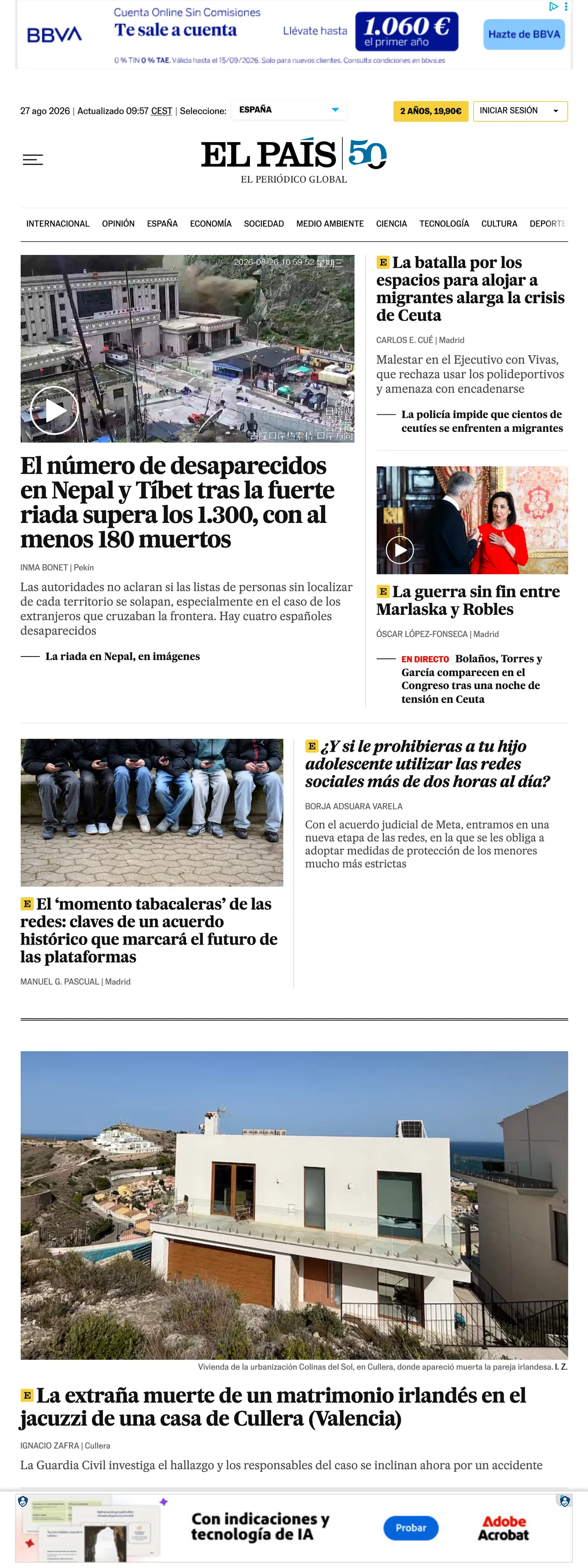 Screenshot of the EL PAÍS front page