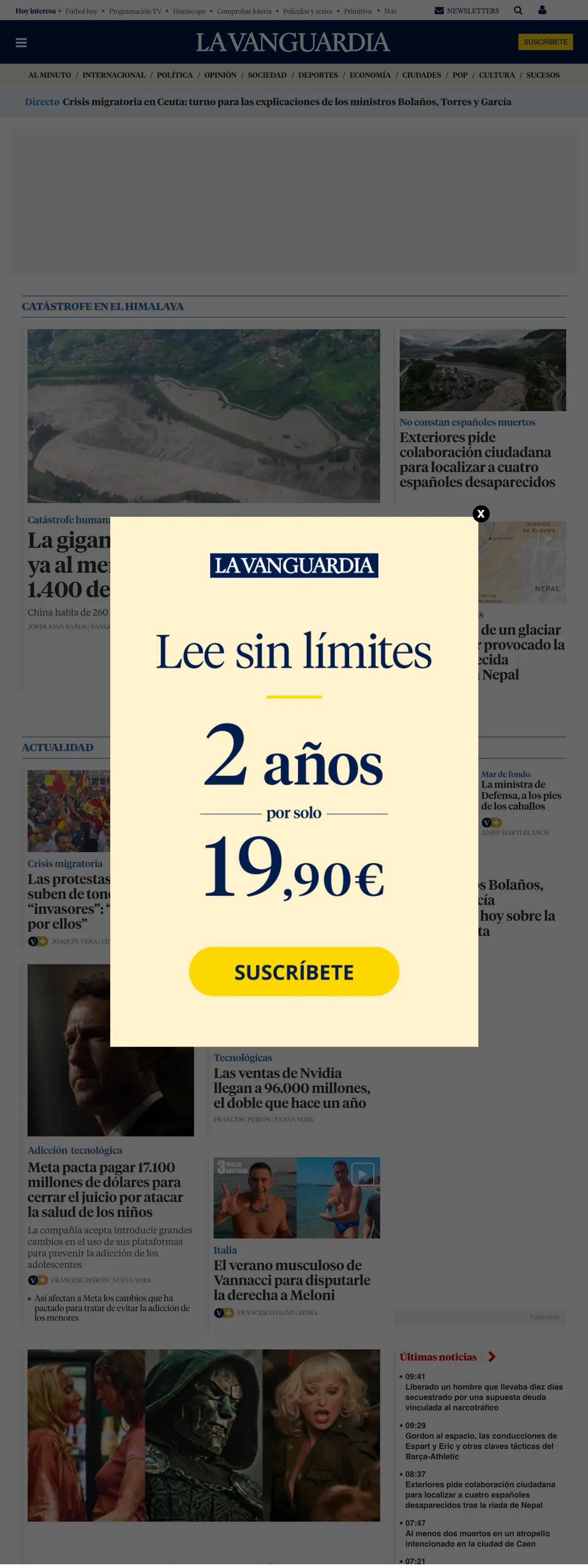 Screenshot of the La Vanguardia front page