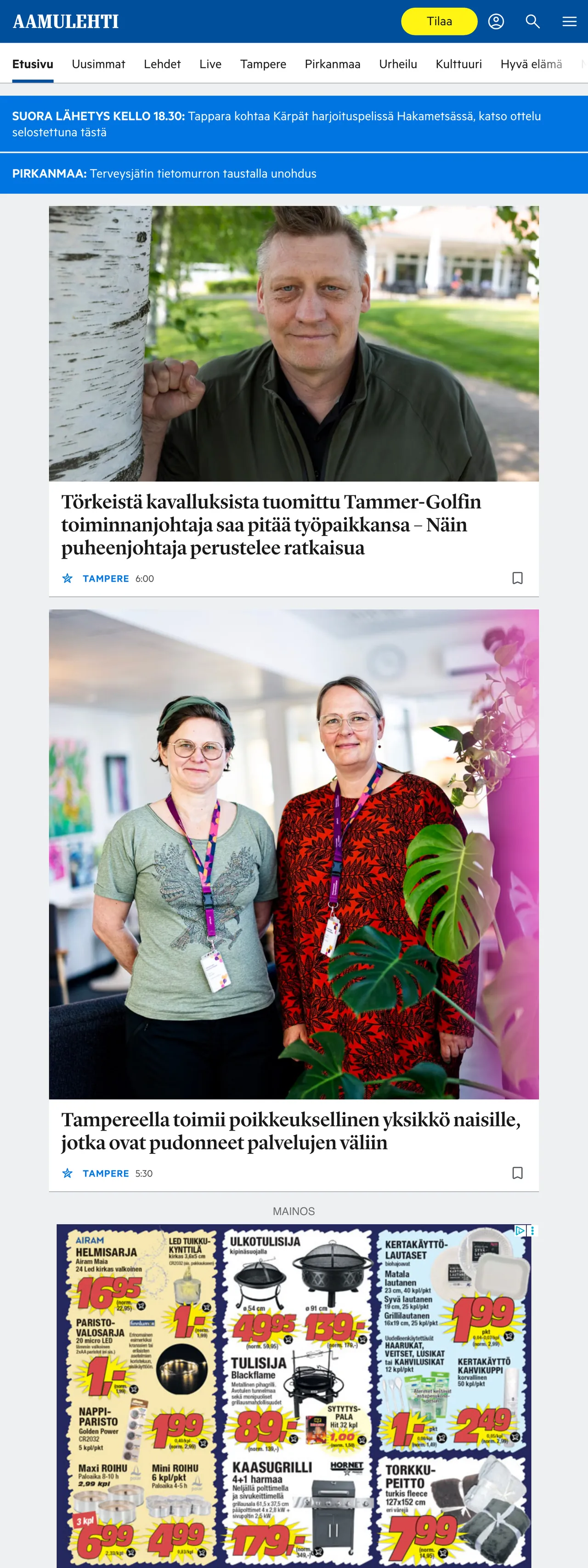 Screenshot of the Aamulehti front page