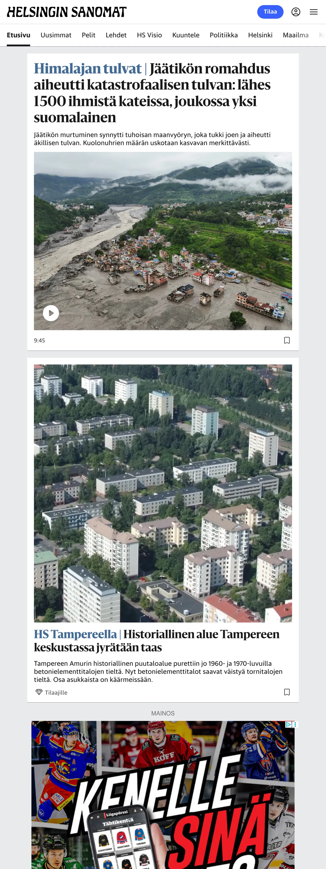 Screenshot of the Helsingin Sanomat front page