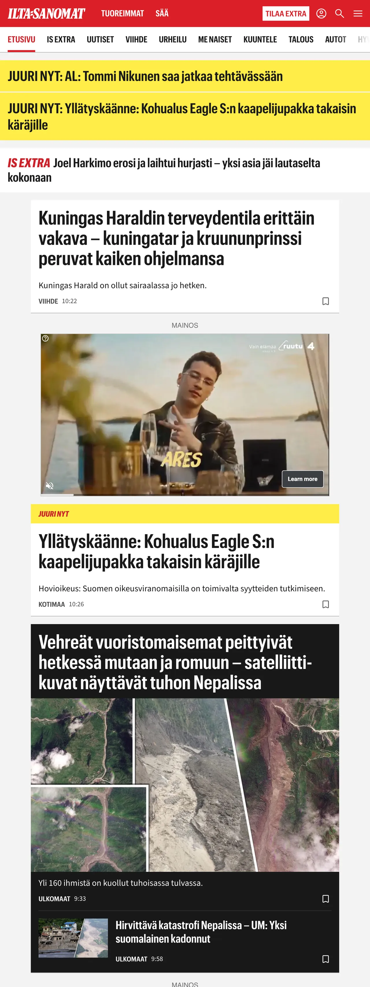 Screenshot of the Ilta-Sanomat front page