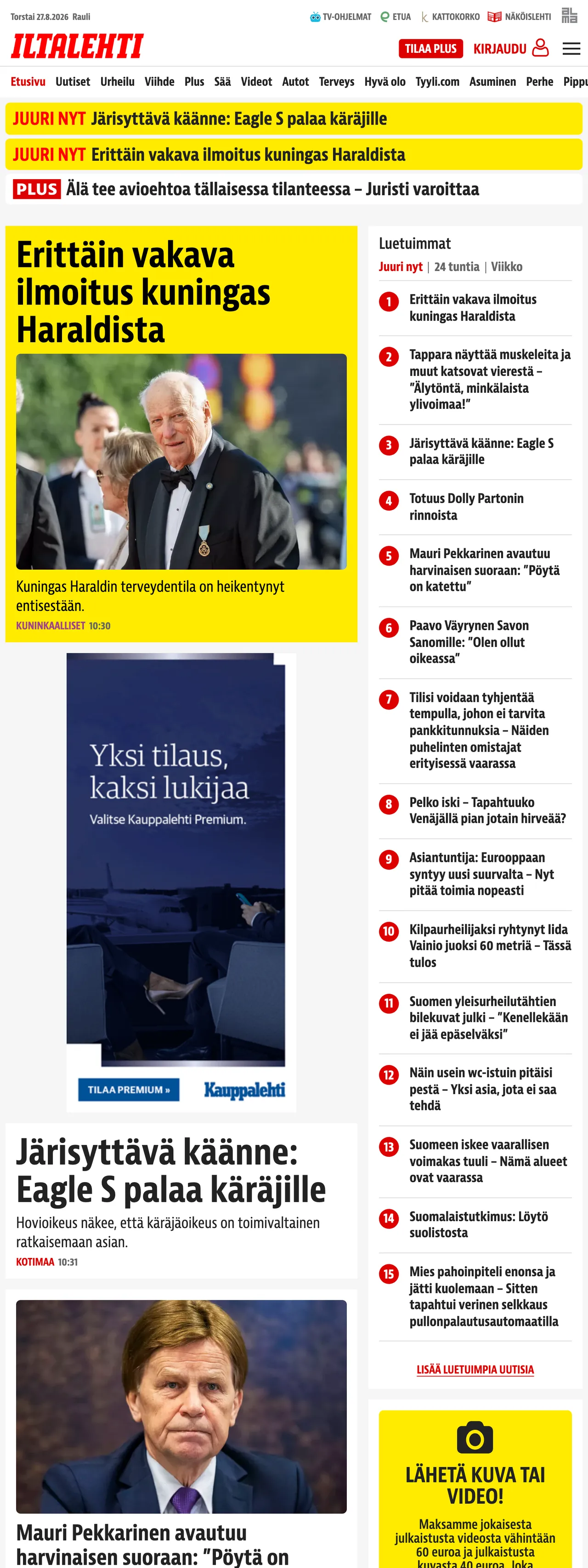 Screenshot of the Iltalehti front page