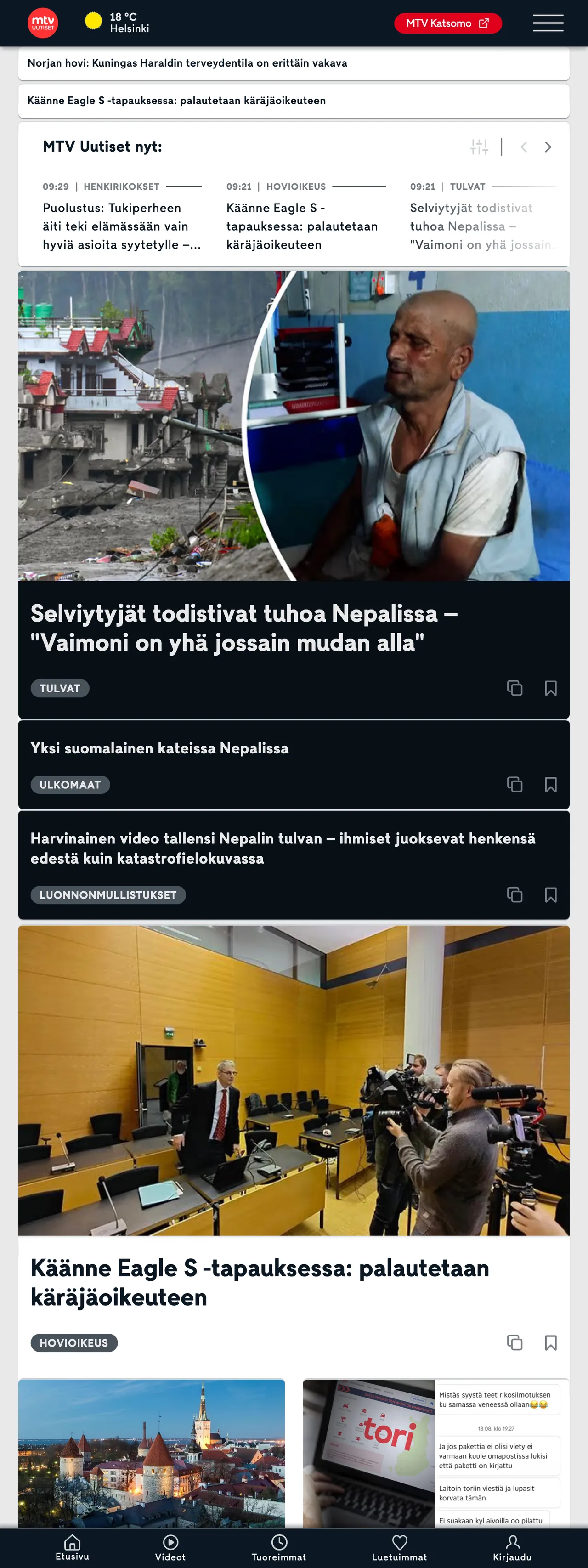 Screenshot of the MTV Uutiset front page