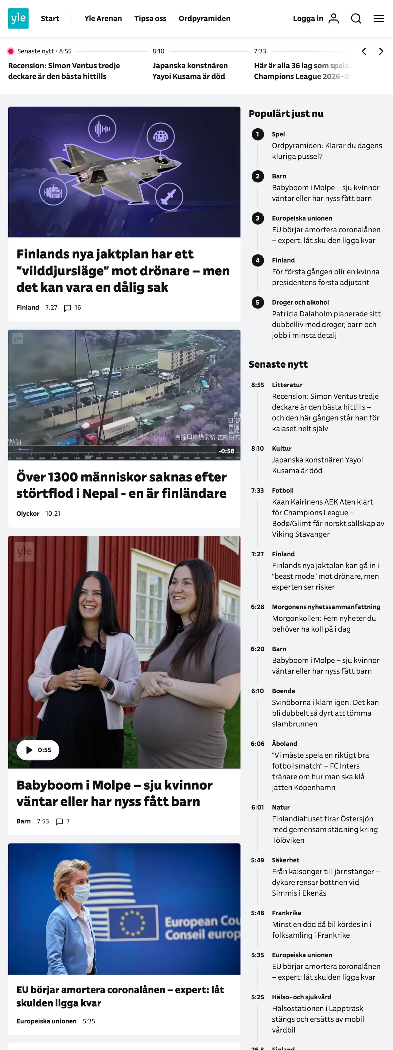 Screenshot of the Svenska Yle front page