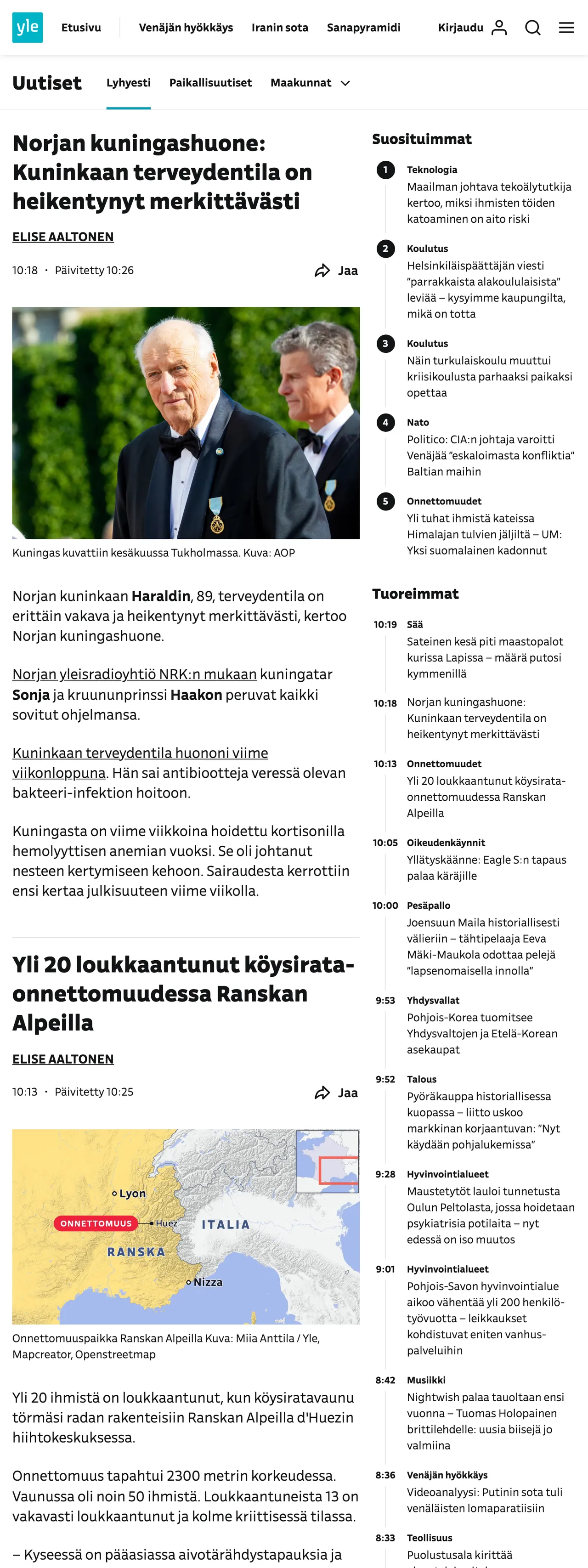 Screenshot of the Yle front page