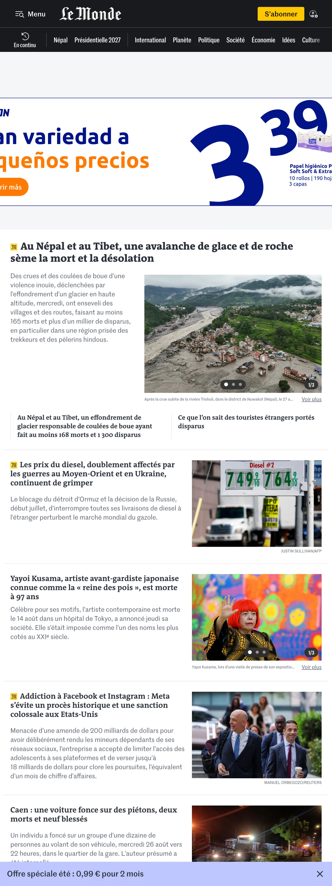 Screenshot of the Le Monde front page