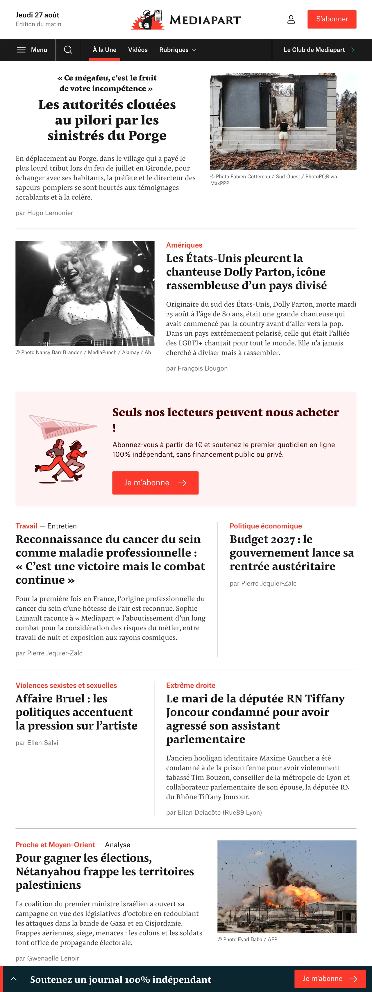 Screenshot of the Mediapart front page