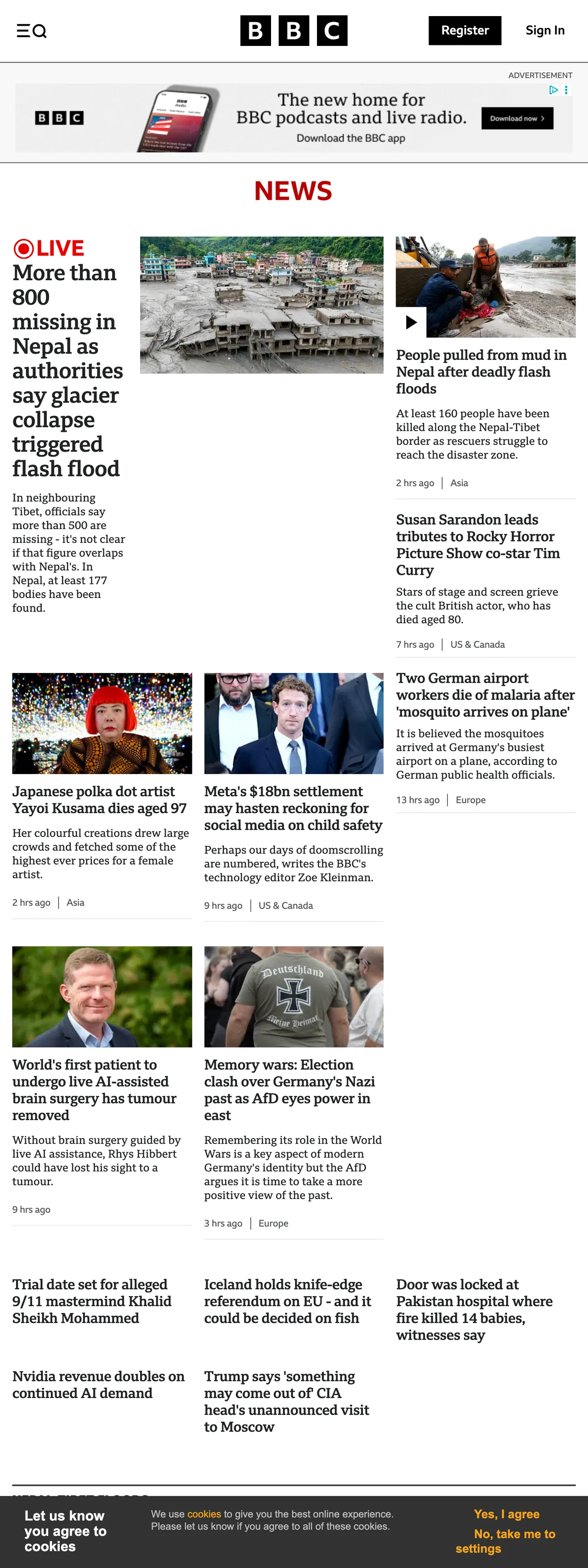 Screenshot of the BBC News front page