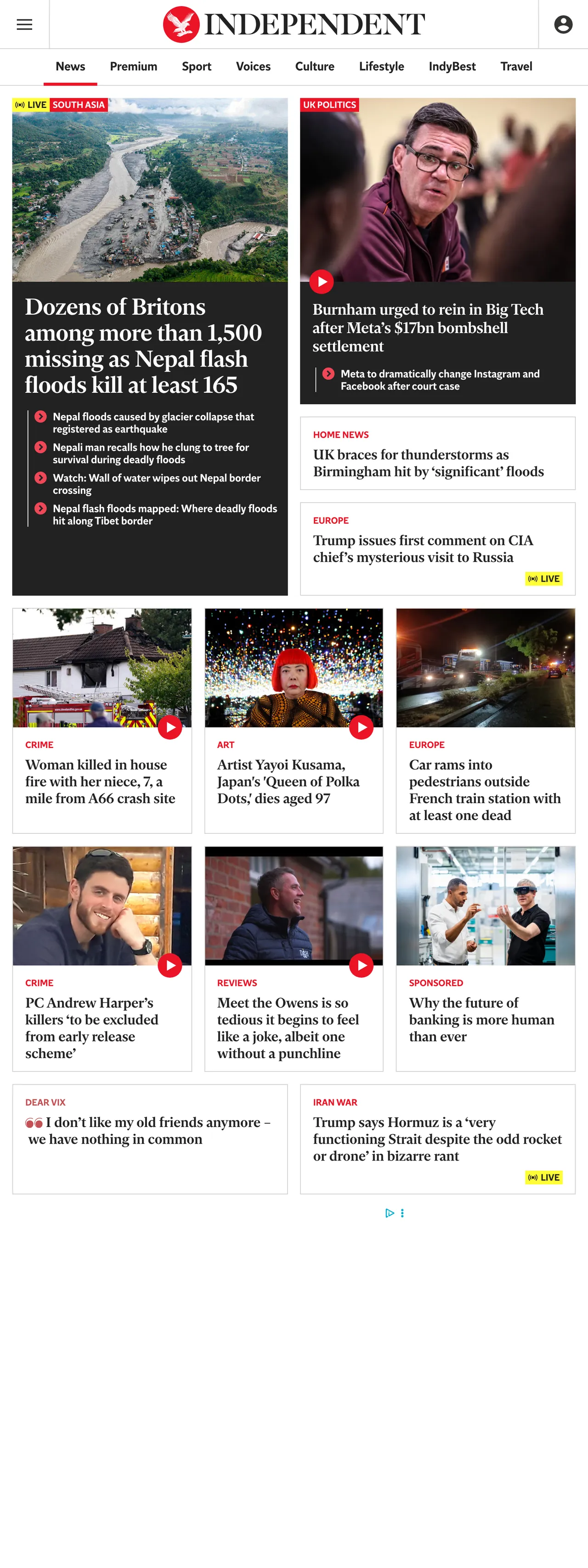 Screenshot of the The Independent front page