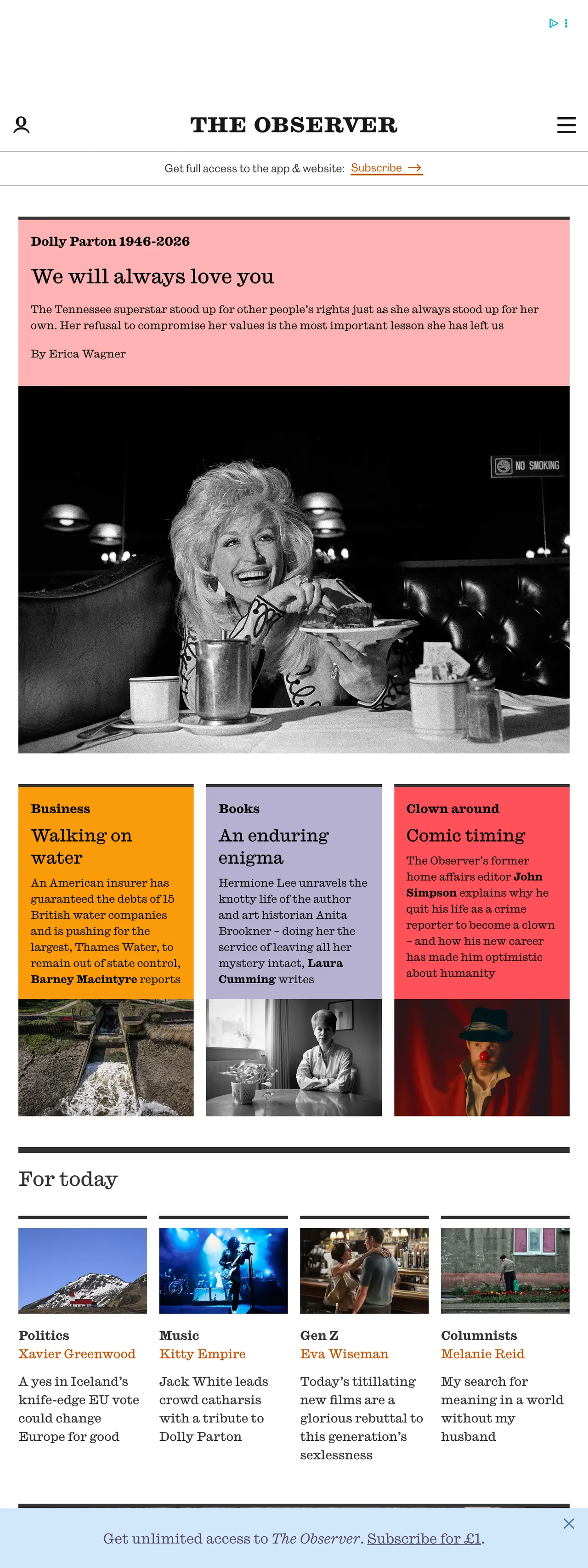 Screenshot of the The Observer front page