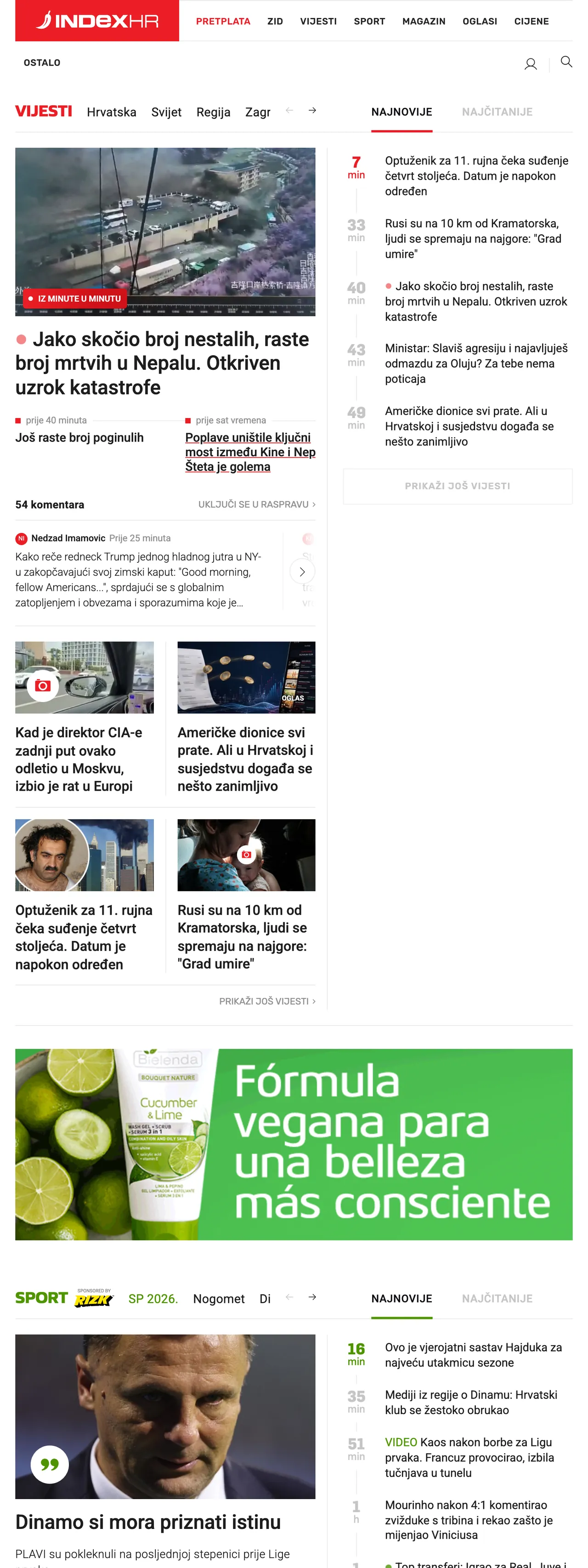 Screenshot of the Index.hr front page