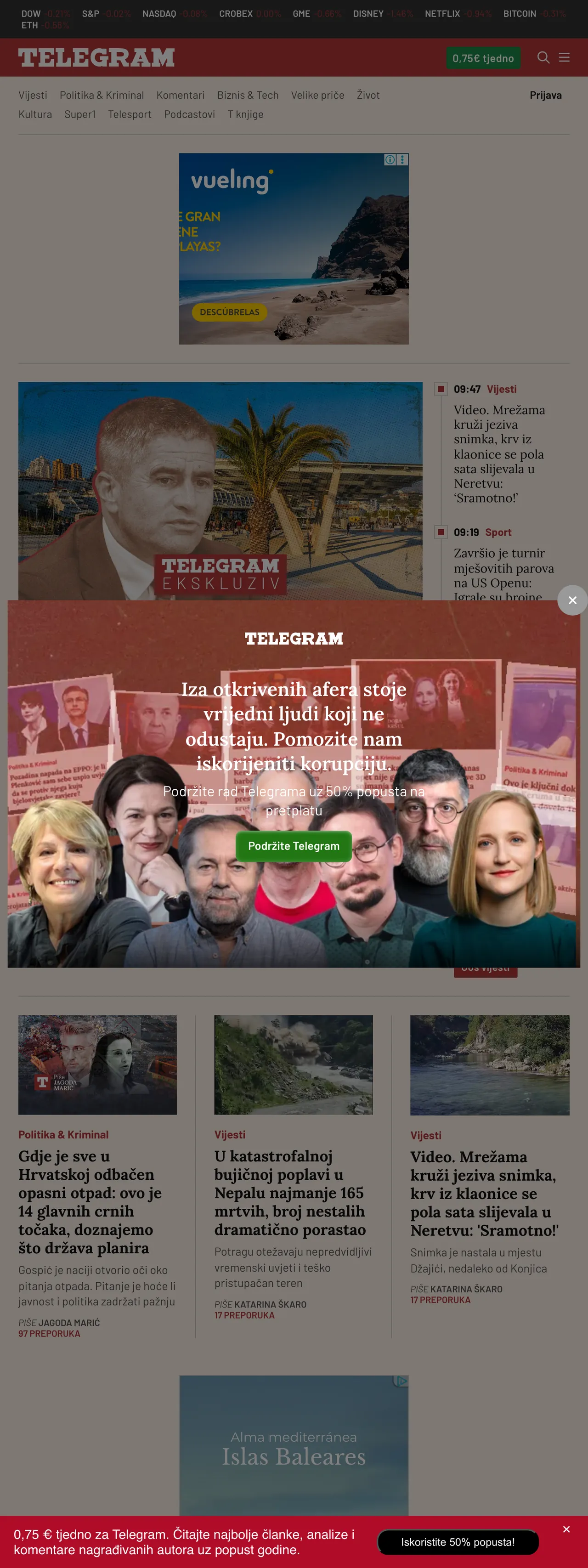 Screenshot of the Telegram.hr front page
