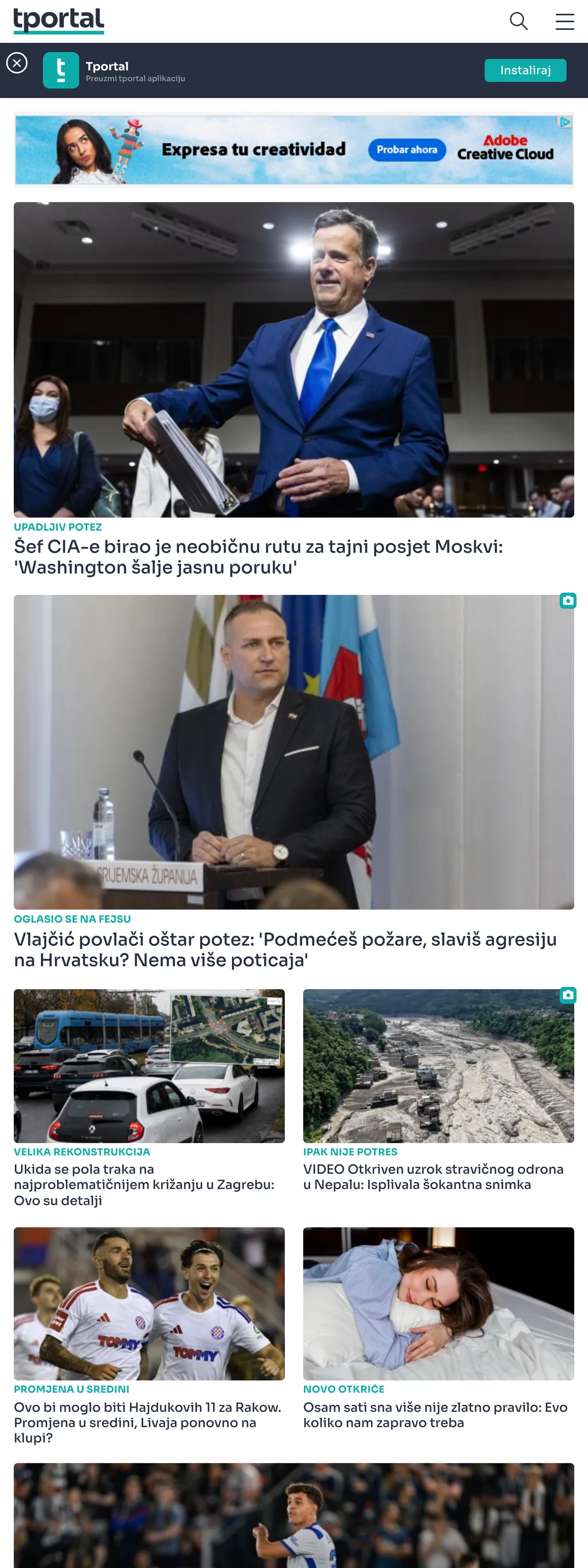 Screenshot of the tportal front page