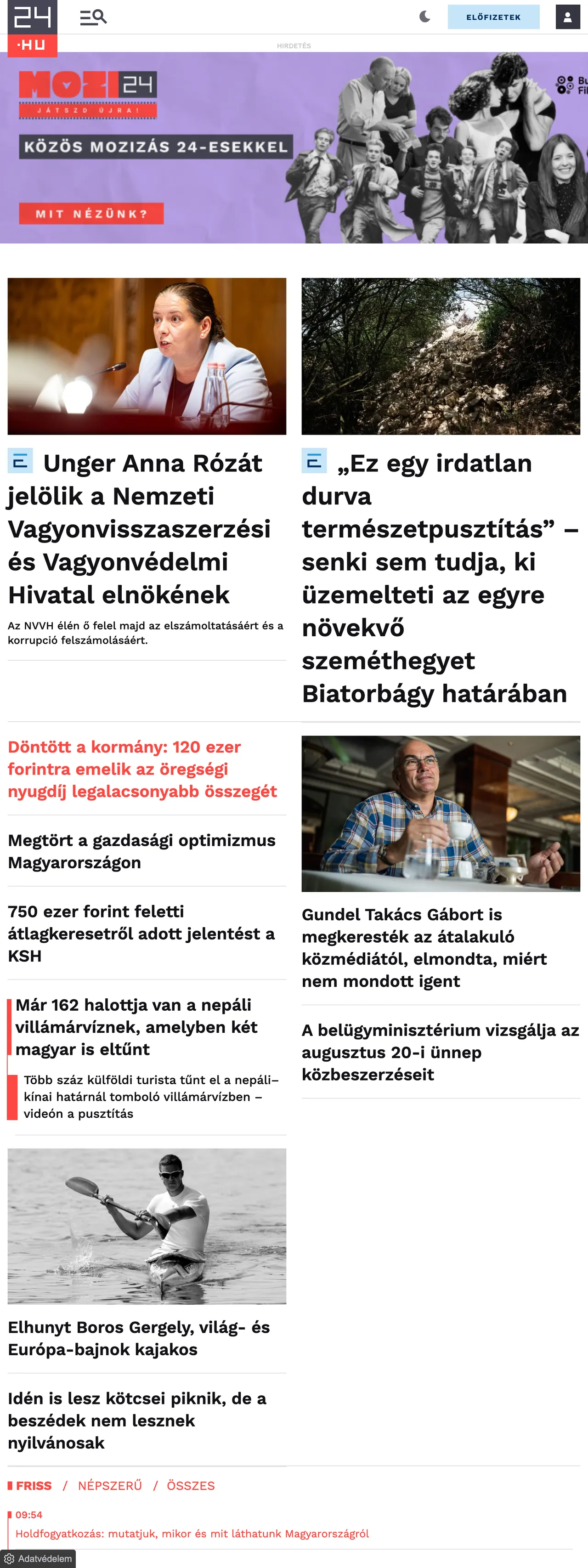 Screenshot of the 24.hu front page