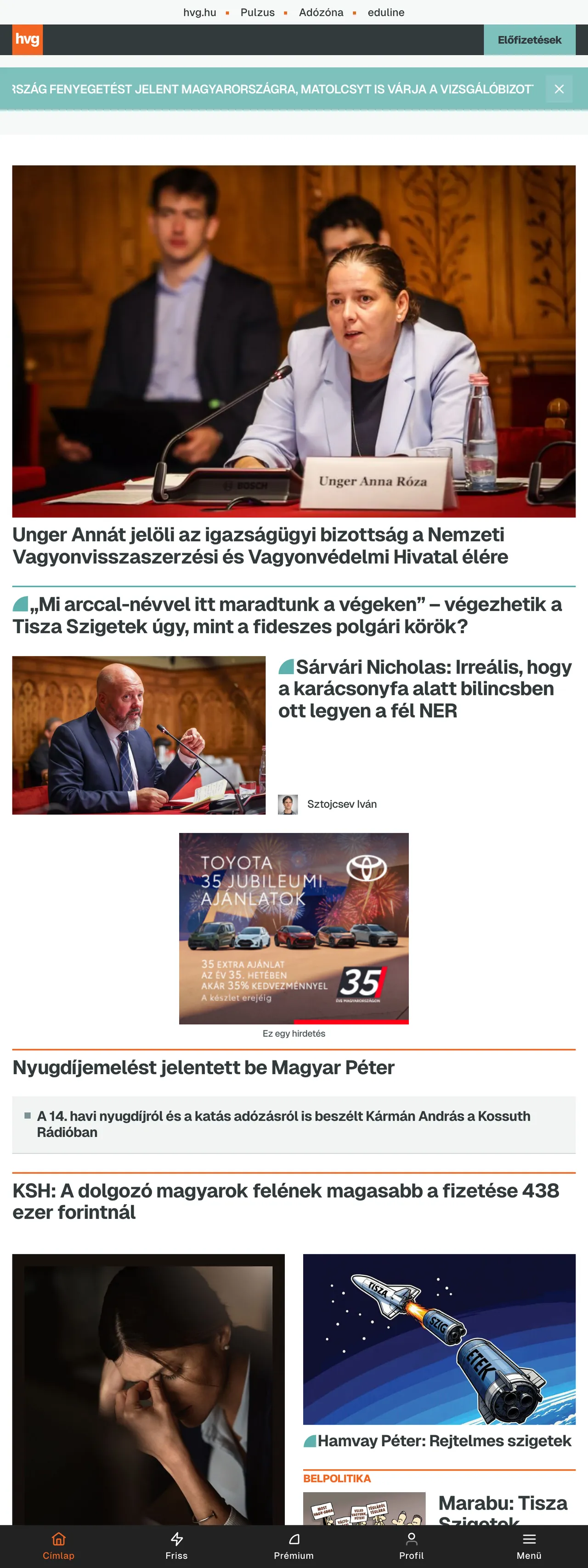 Screenshot of the HVG front page