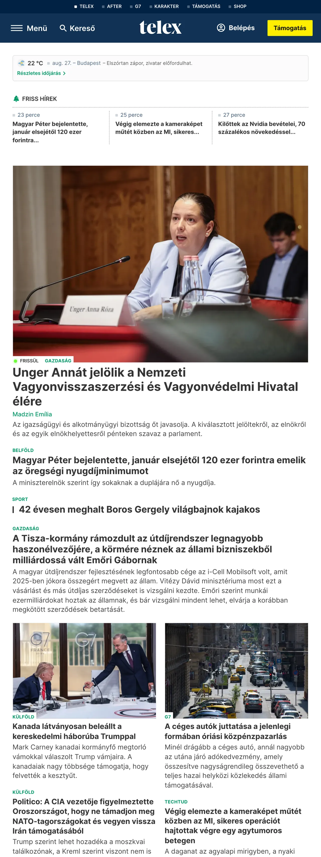 Screenshot of the Telex front page