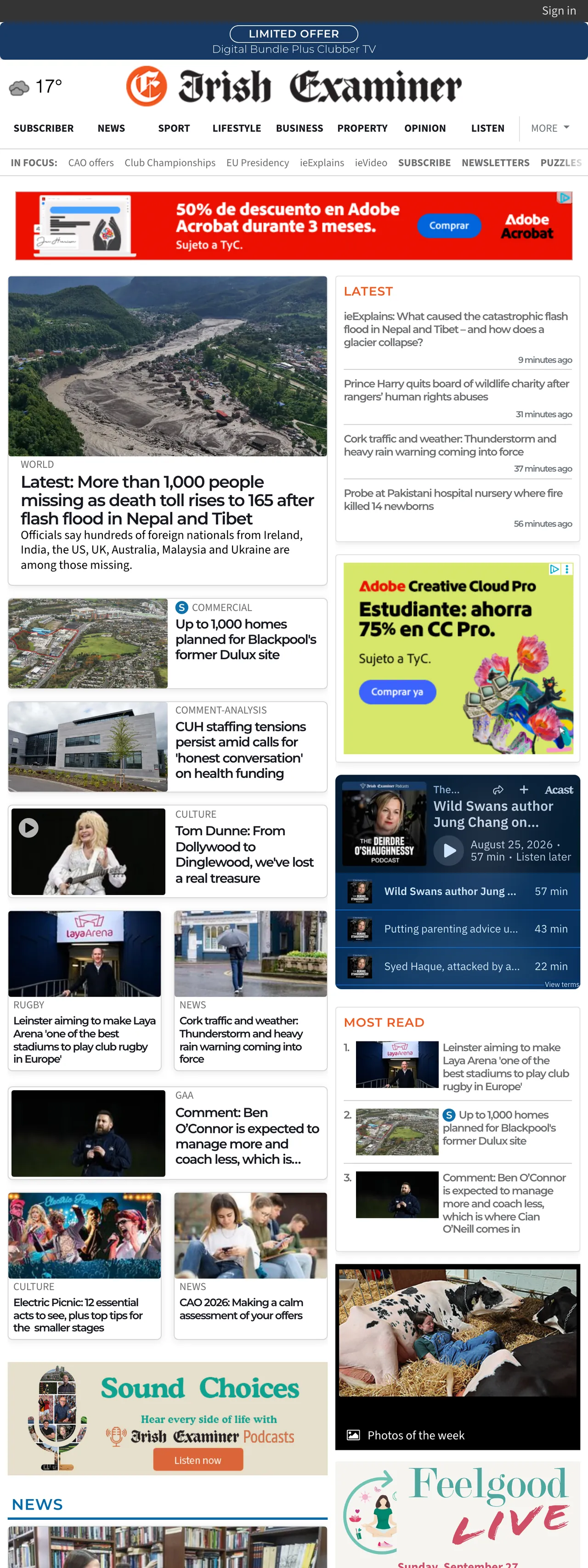 Screenshot of the Irish Examiner front page