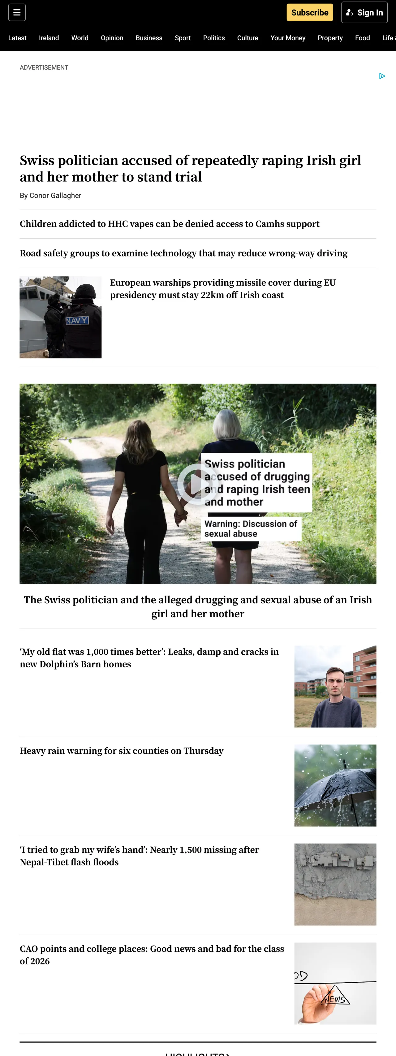 Screenshot of the The Irish Times front page