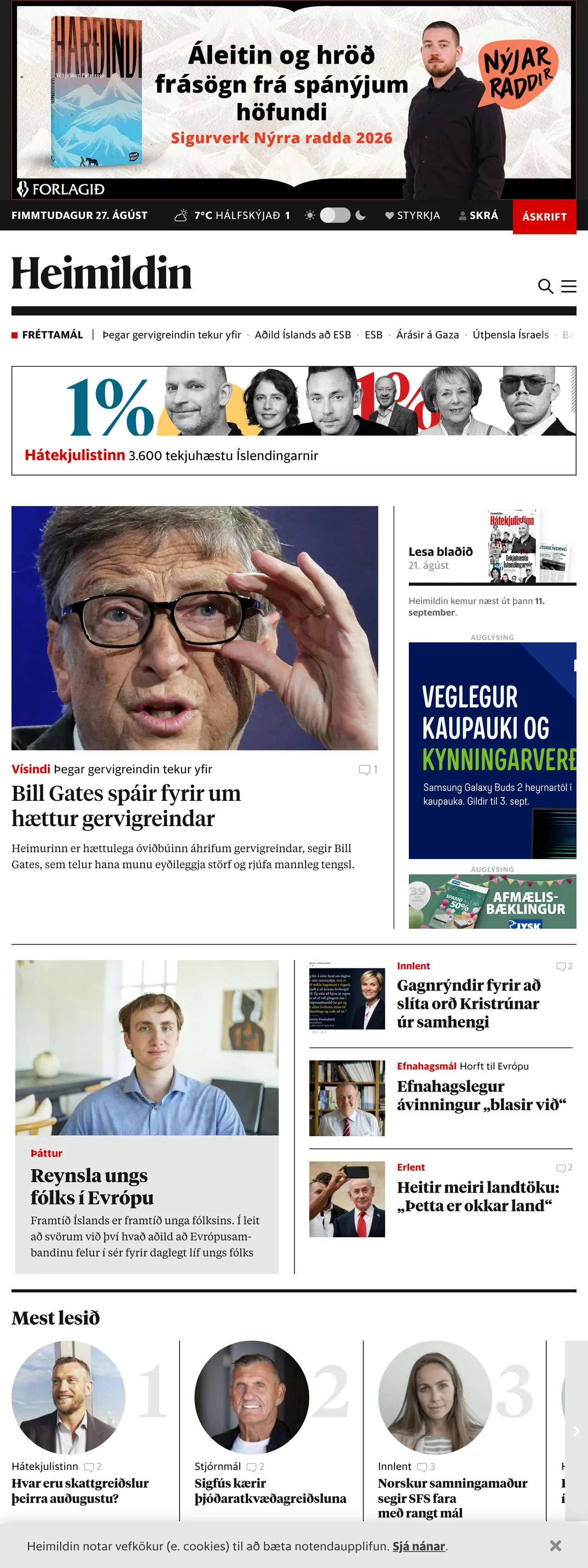 Screenshot of the Heimildin front page