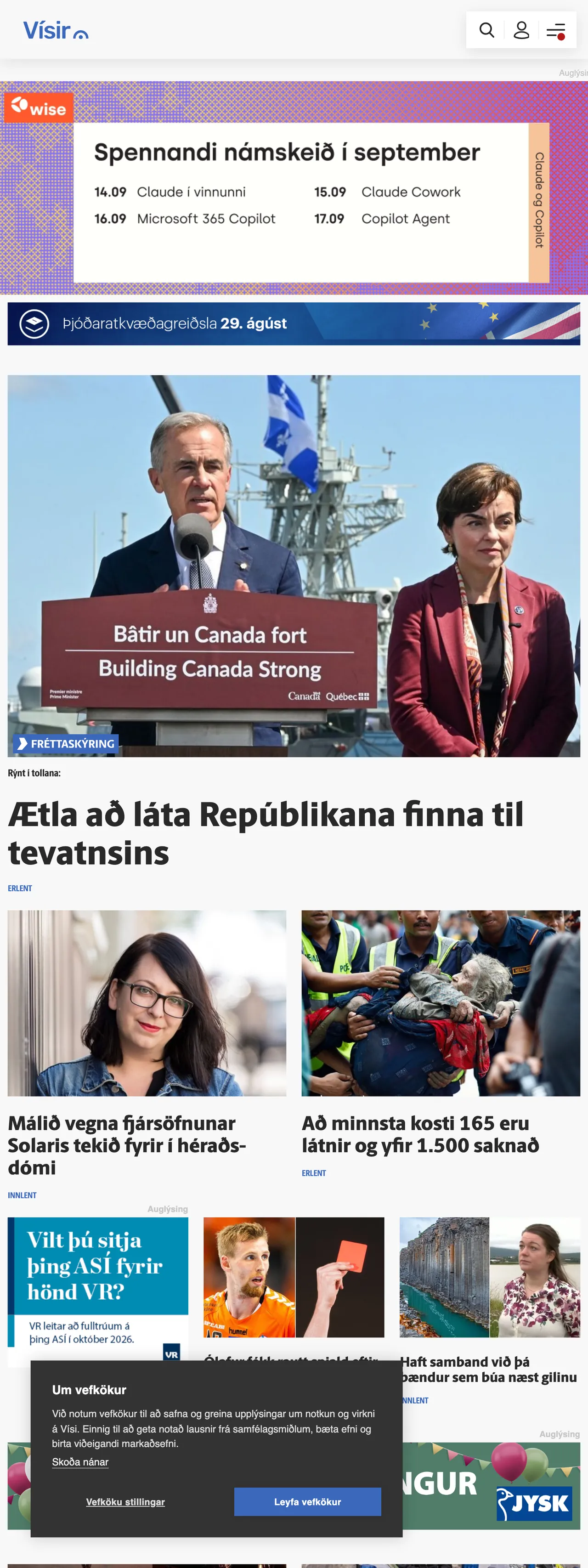 Screenshot of the Vísir front page