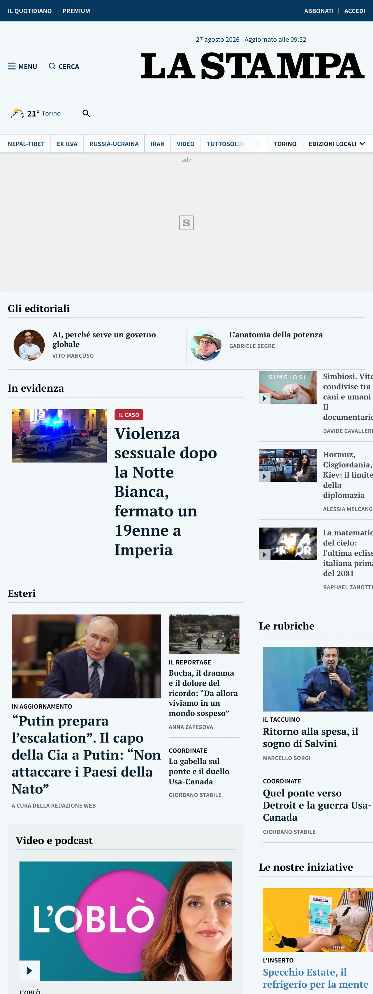 Screenshot of the La Stampa front page