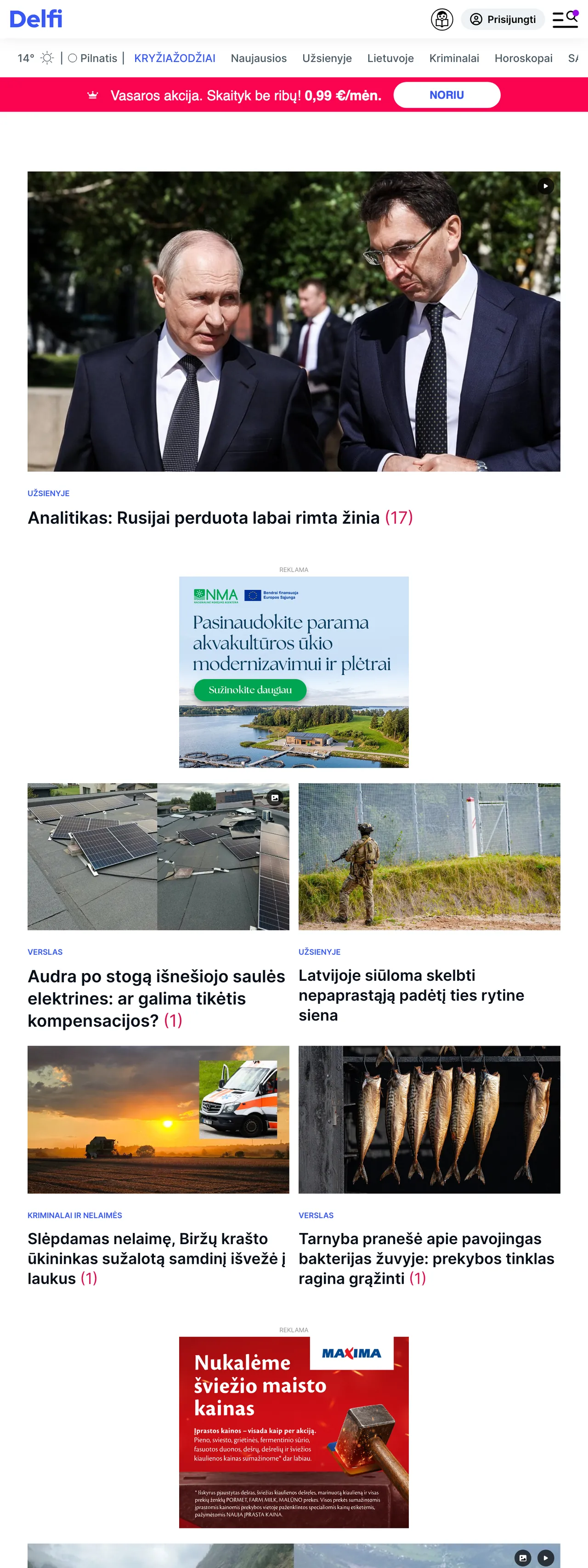 Screenshot of the Delfi front page