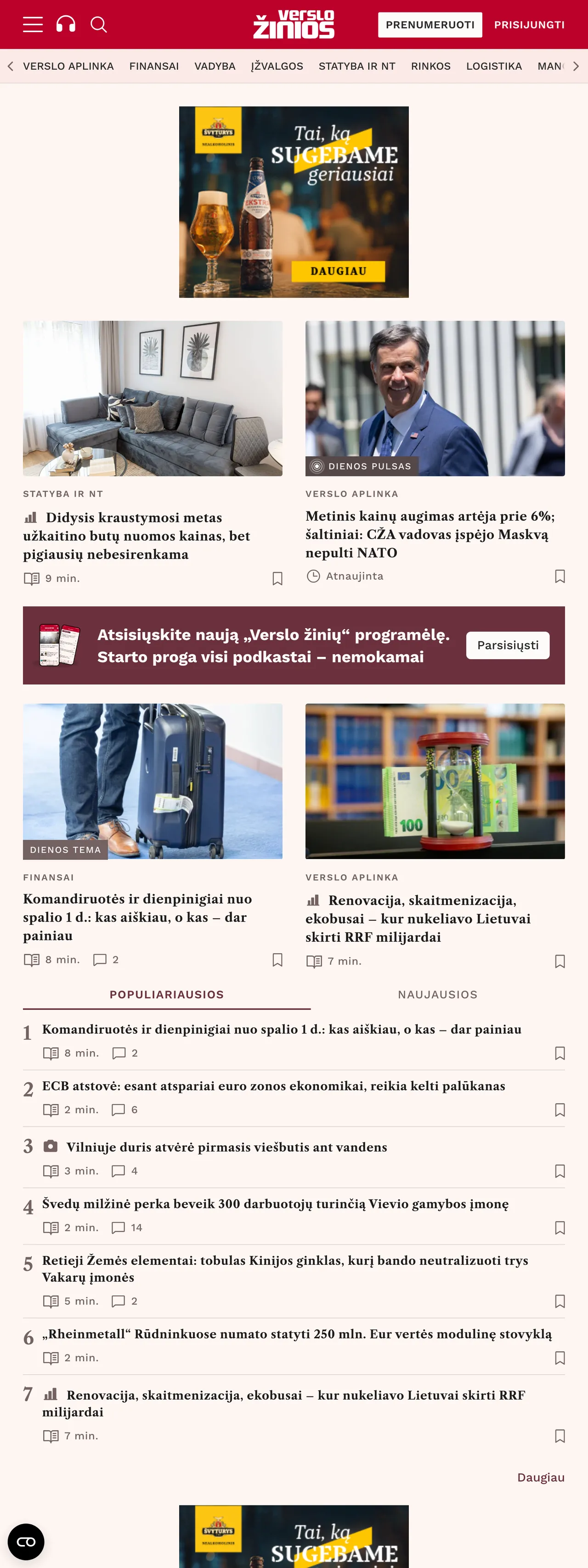 Screenshot of the Verslo žinios front page