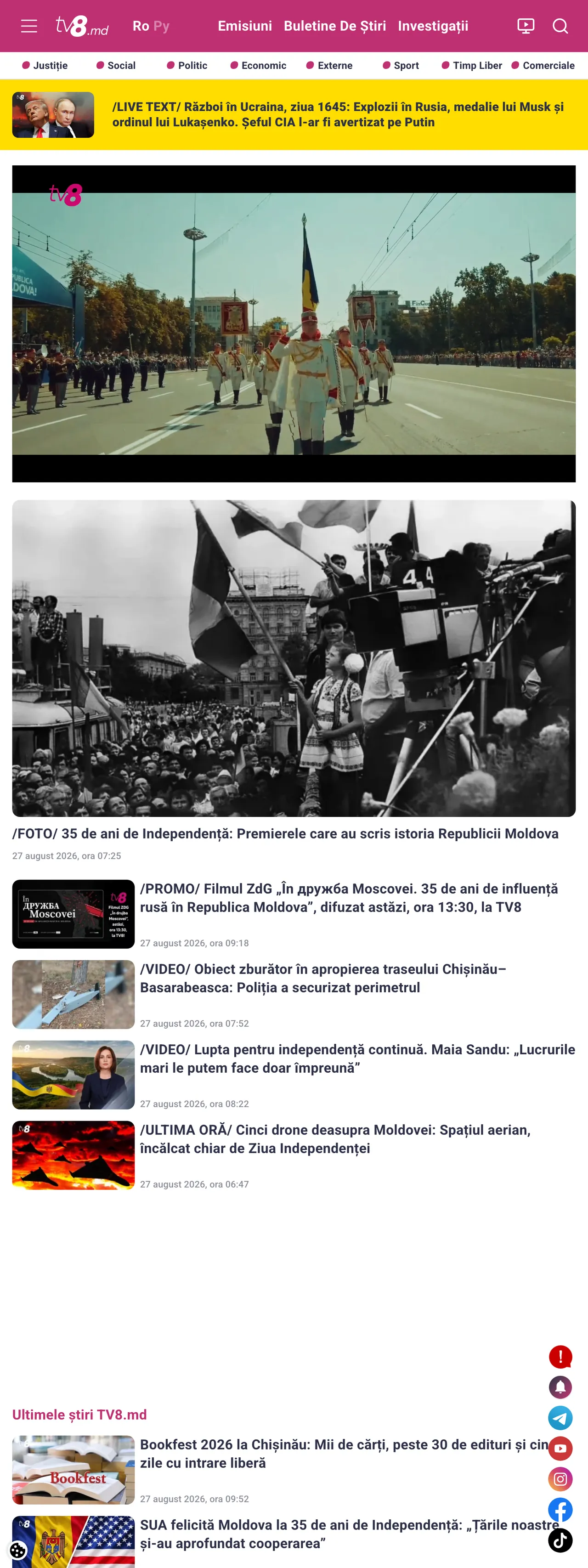 Screenshot of the TV8 front page