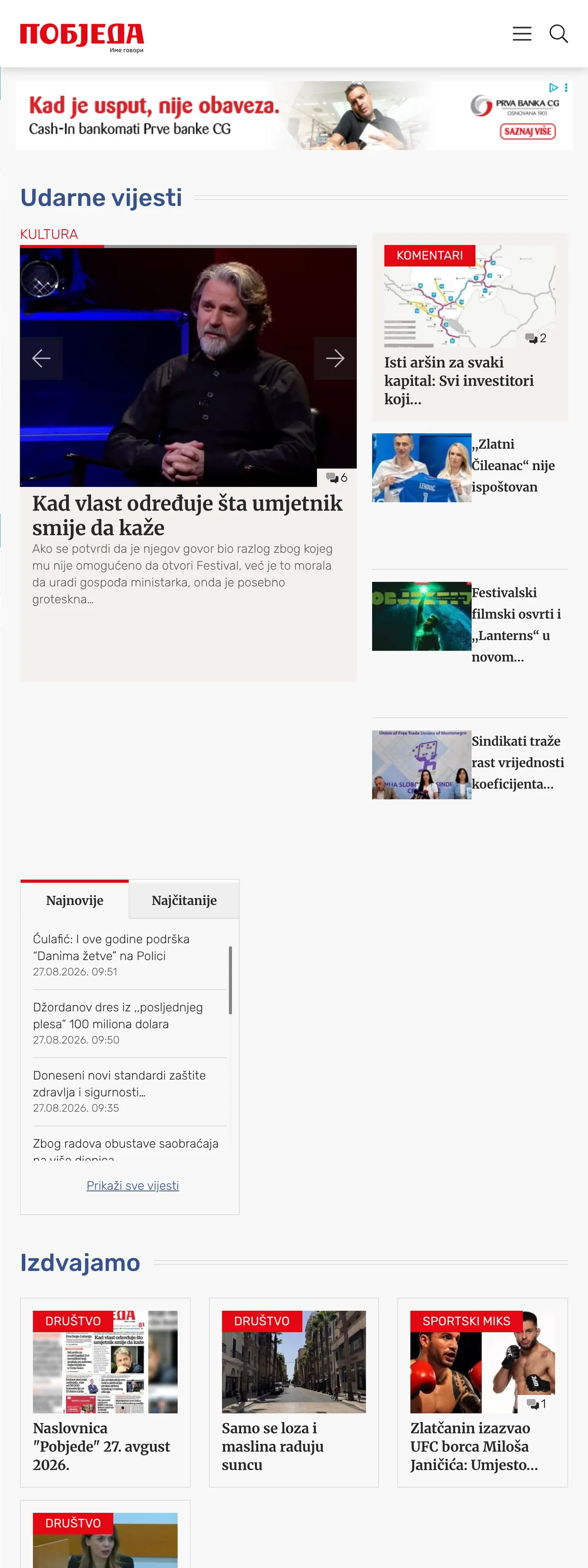 Screenshot of the Pobjeda front page