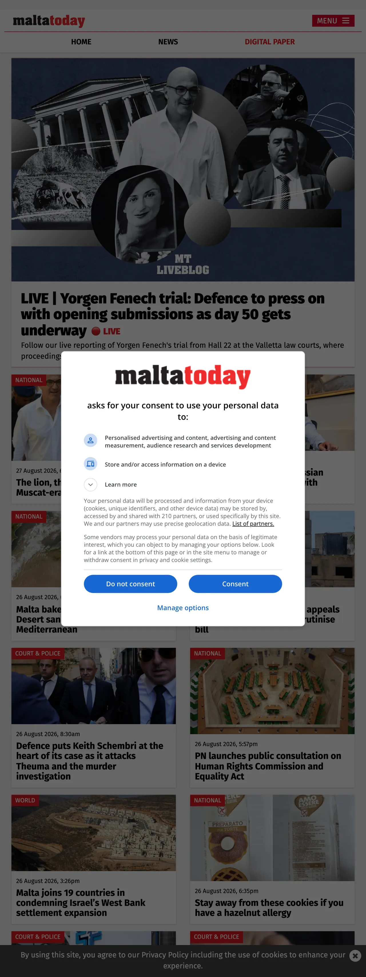 Screenshot of the Malta Today front page