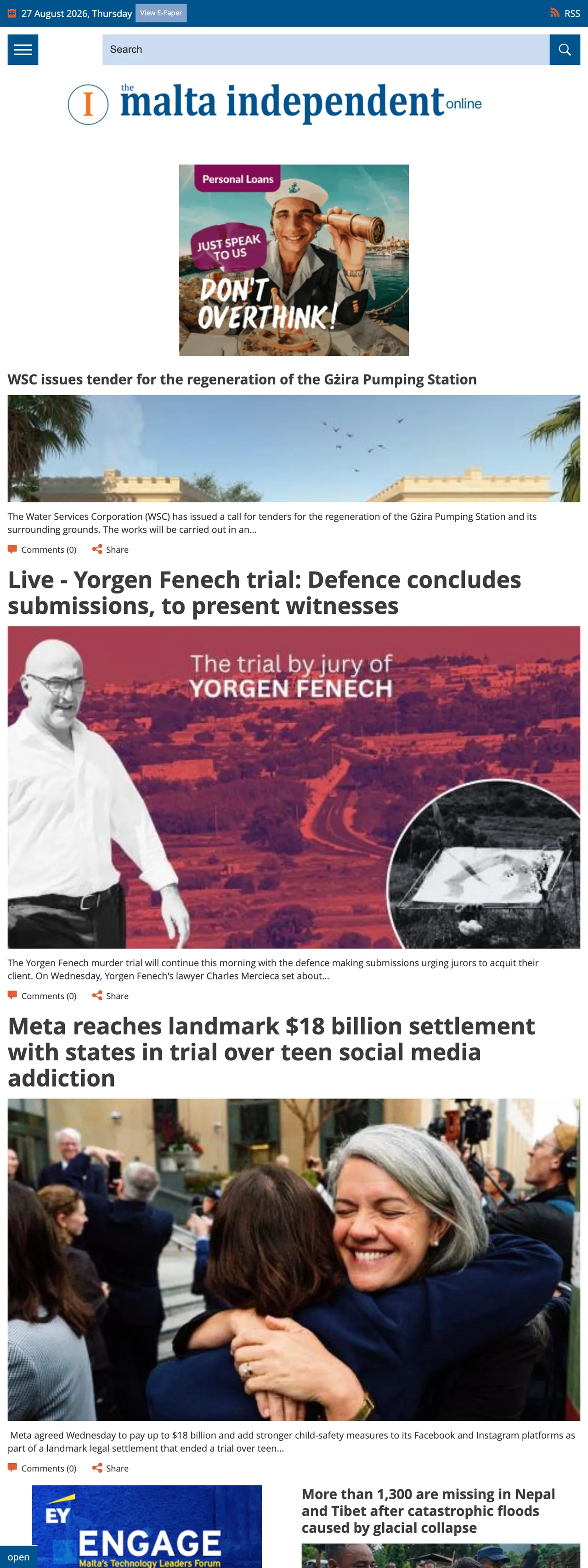 Screenshot of the The Malta Independent front page