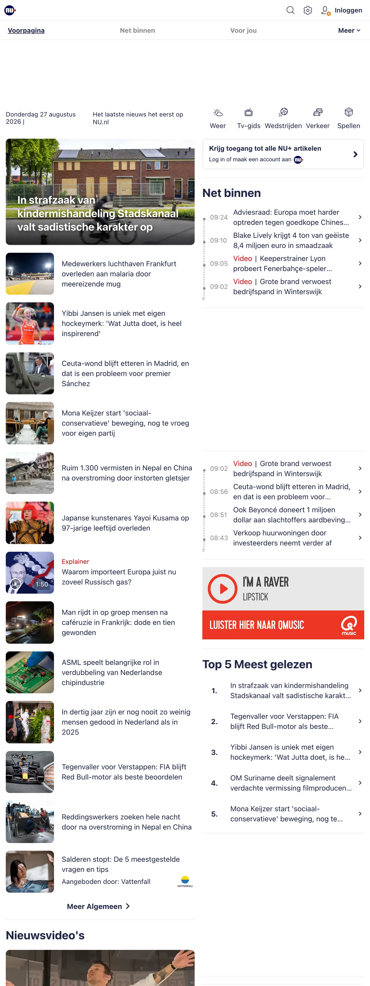 Screenshot of the NU.nl front page