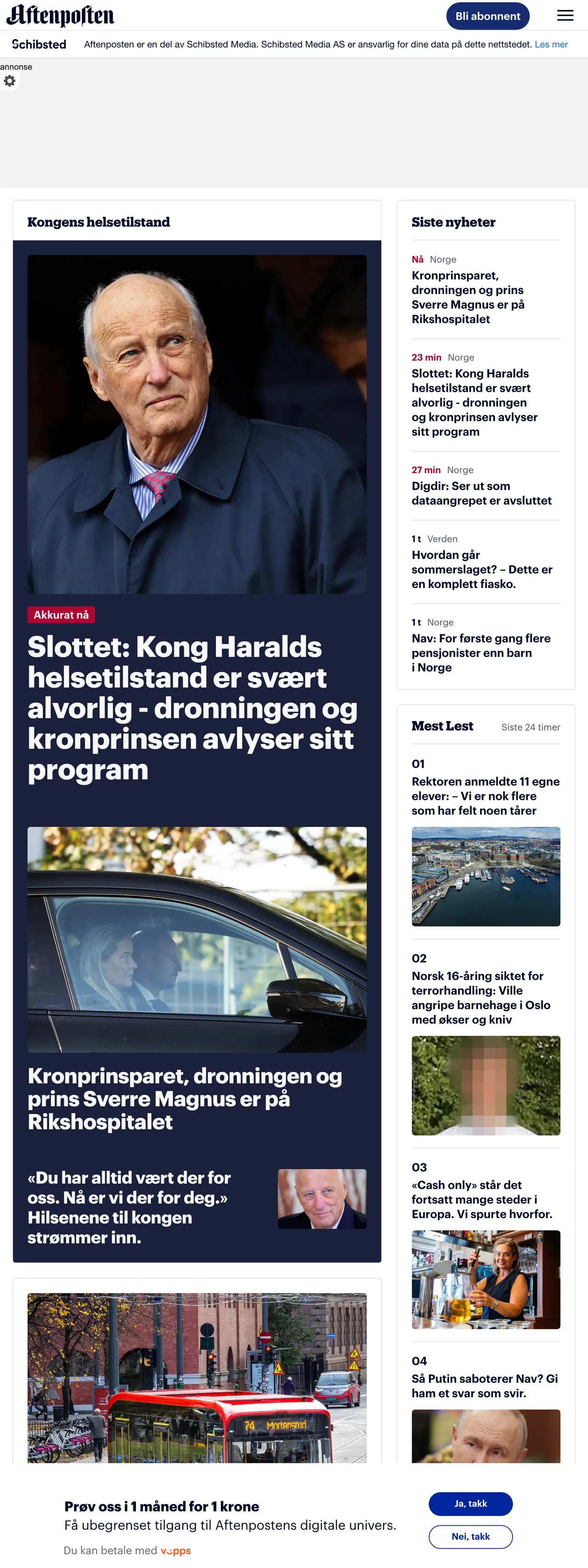 Screenshot of the Aftenposten front page