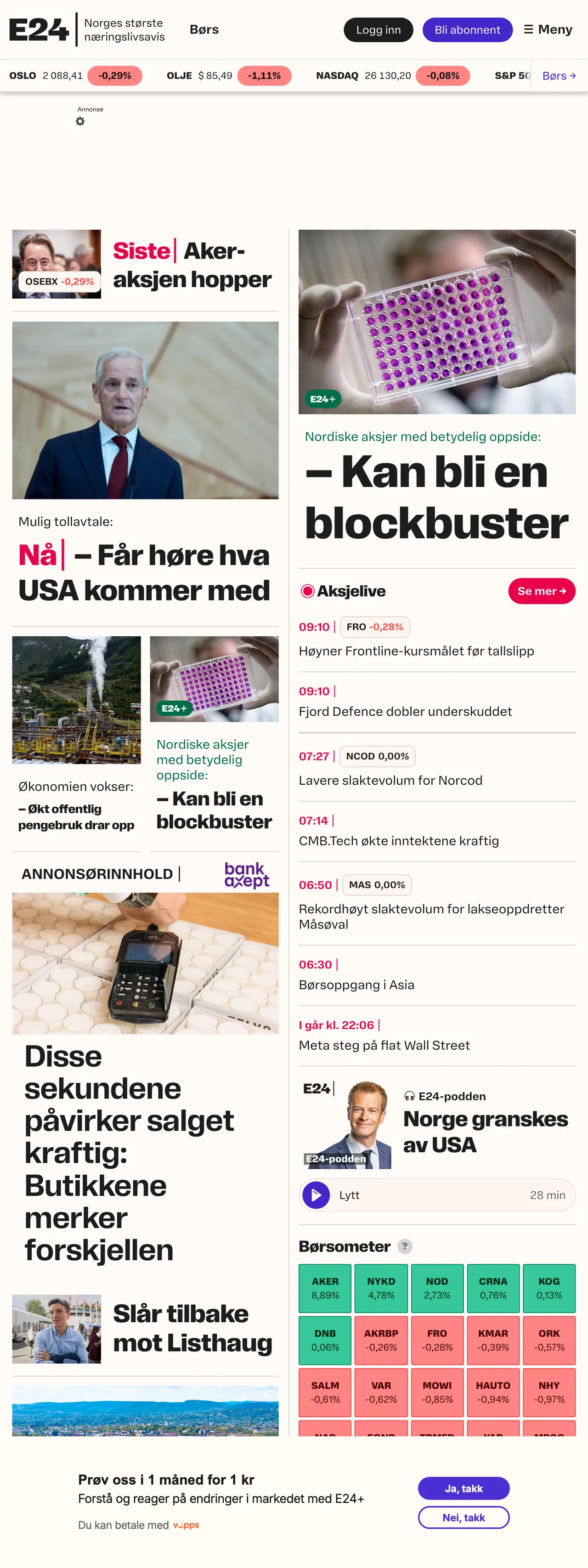 Screenshot of the E24 front page