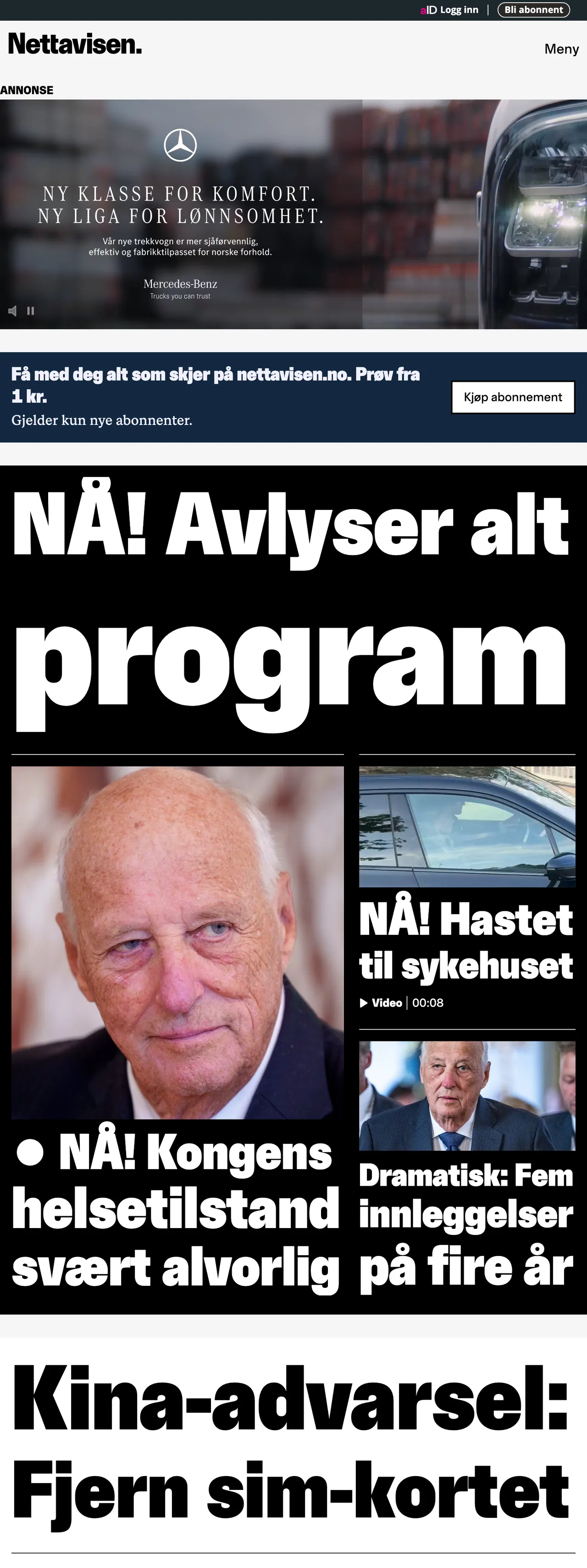 Screenshot of the Nettavisen front page