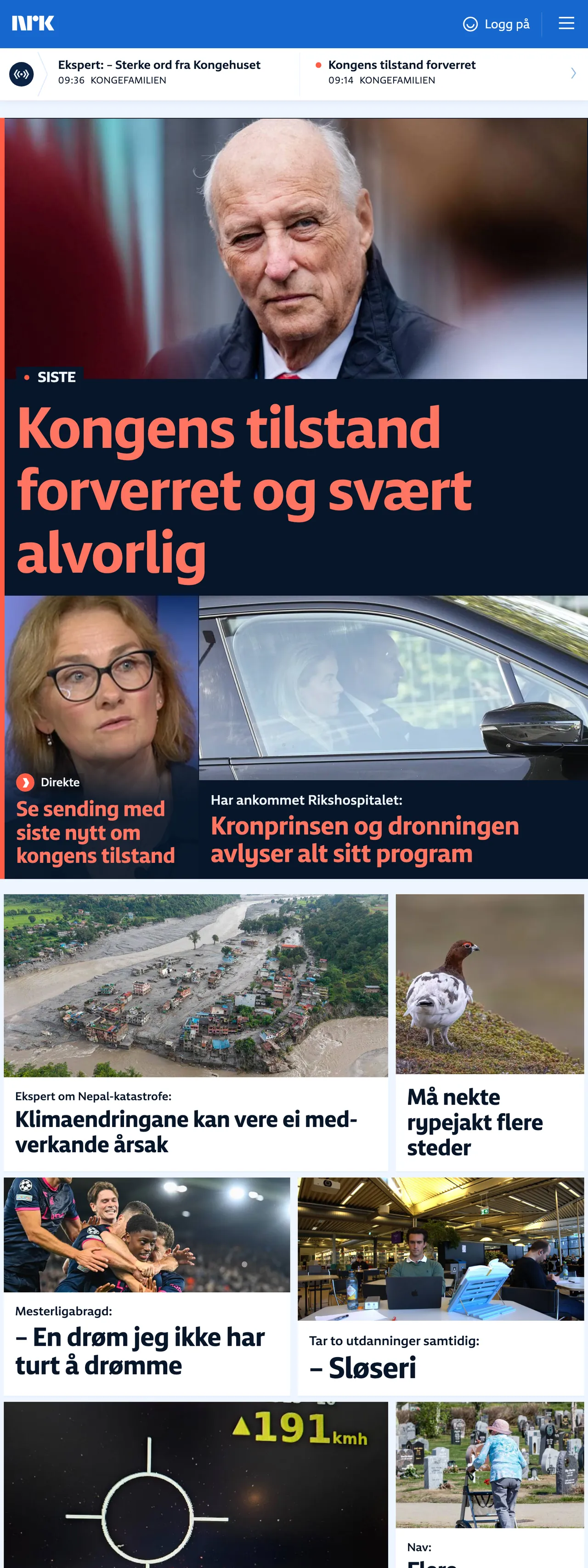 Screenshot of the NRK front page
