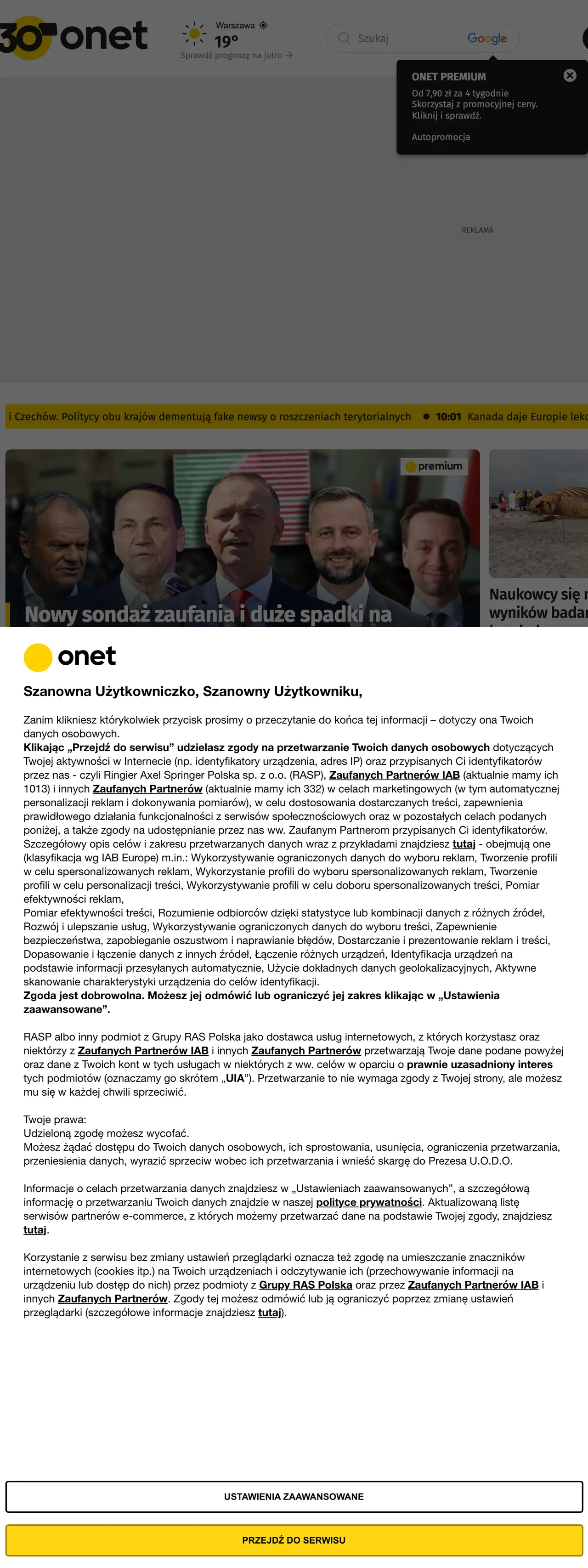 Screenshot of the Onet front page
