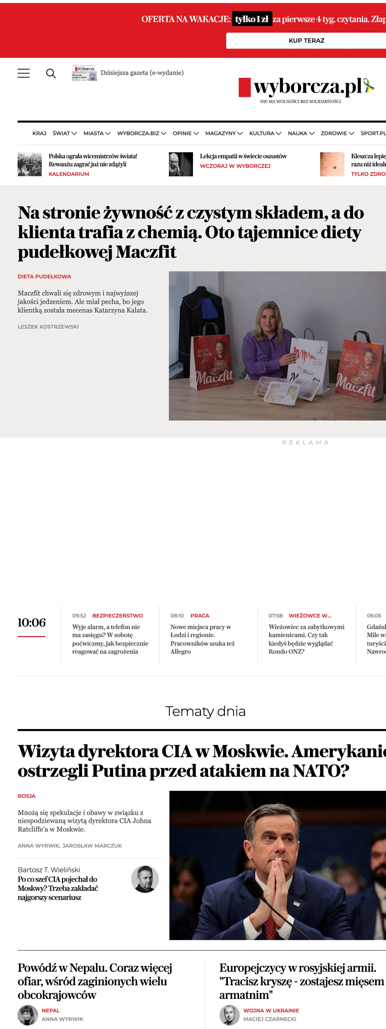 Screenshot of the Wyborcza front page