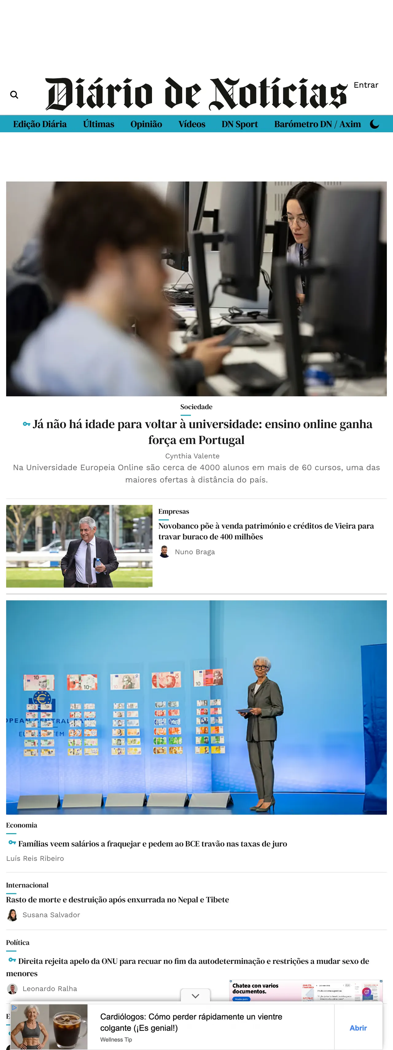 Screenshot of the Diário de Notícias front page