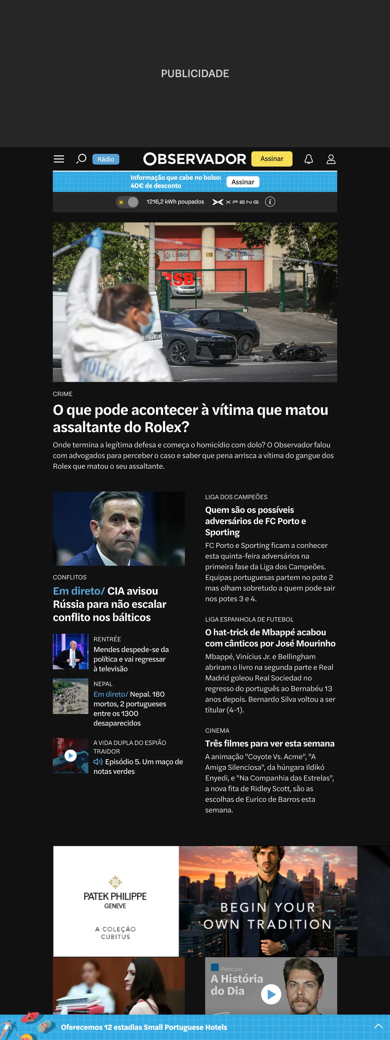 Screenshot of the Observador front page