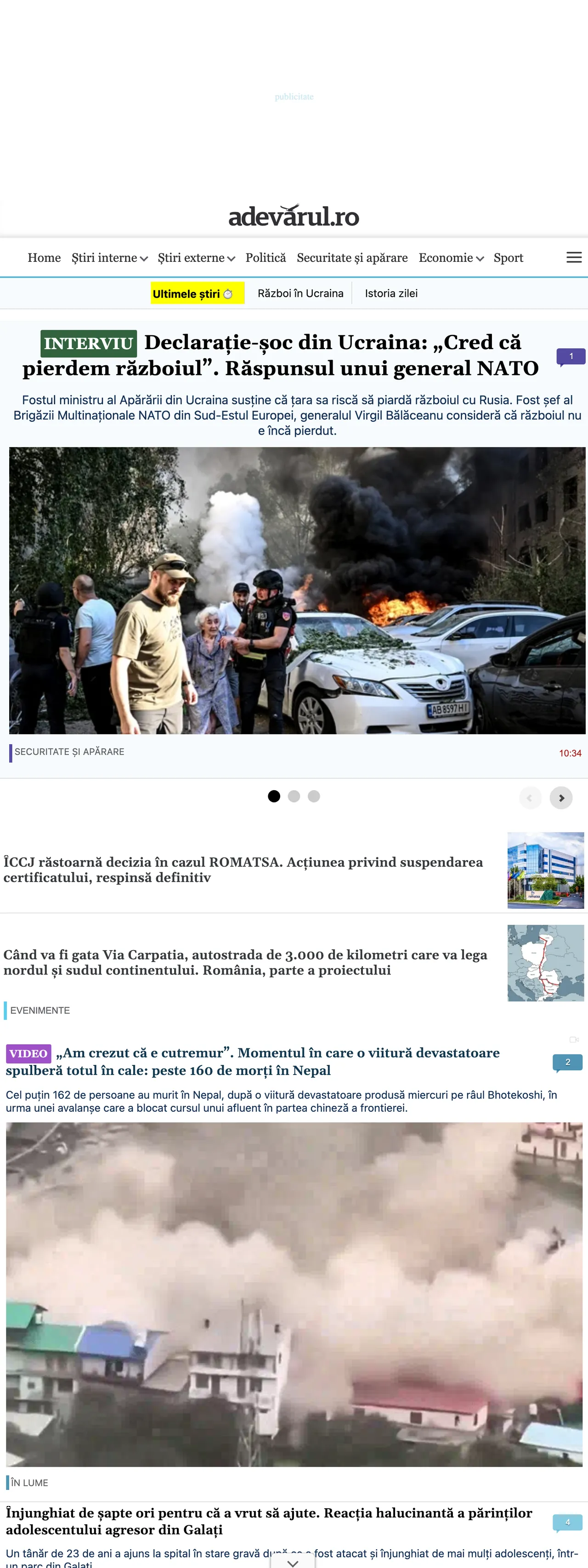 Screenshot of the Adevărul front page