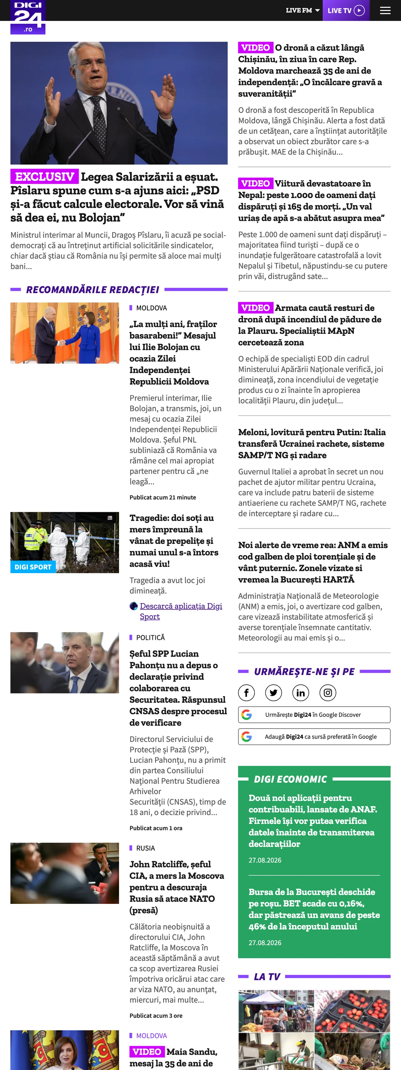 Screenshot of the Digi24 front page