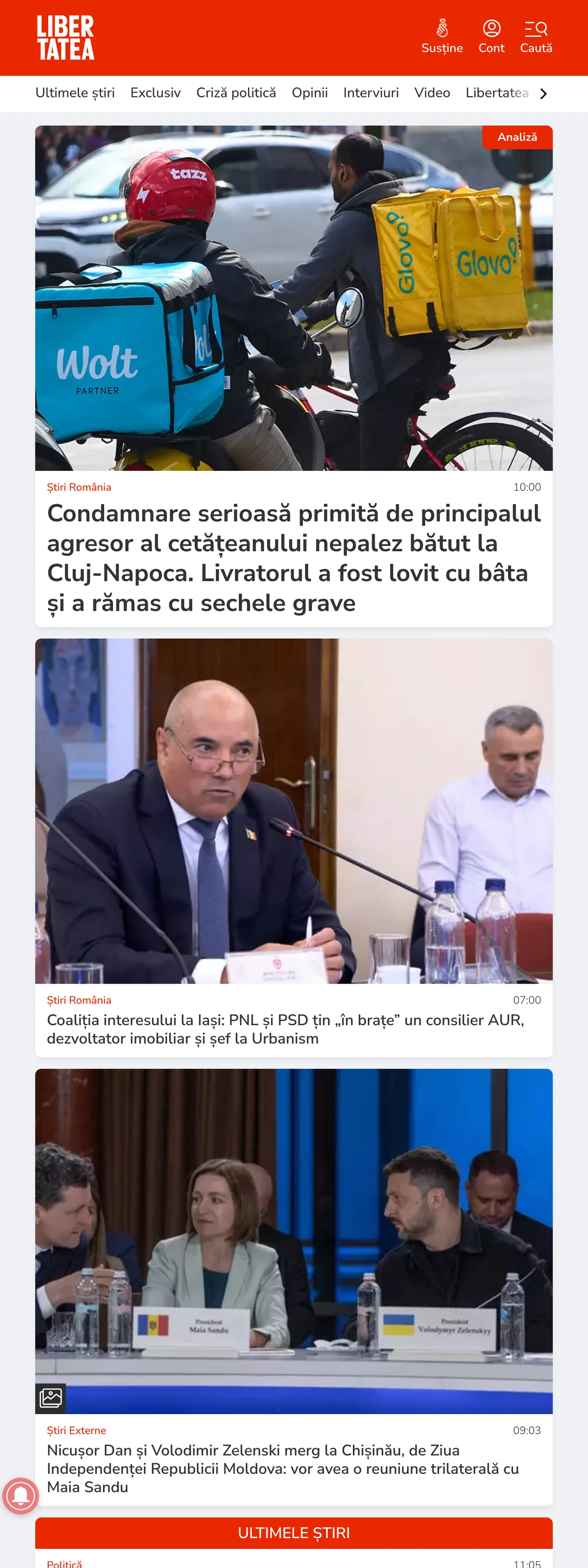 Screenshot of the Libertatea front page
